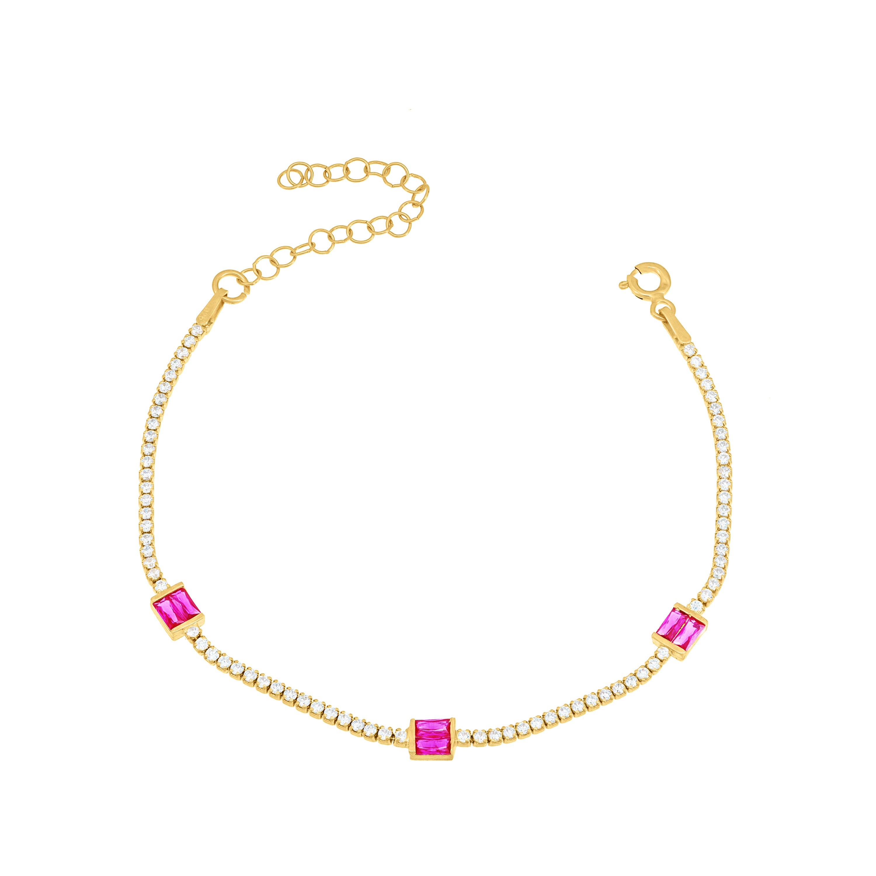 Three Baguette Cut Tennis Bracelet - Gold Fuchsia And White