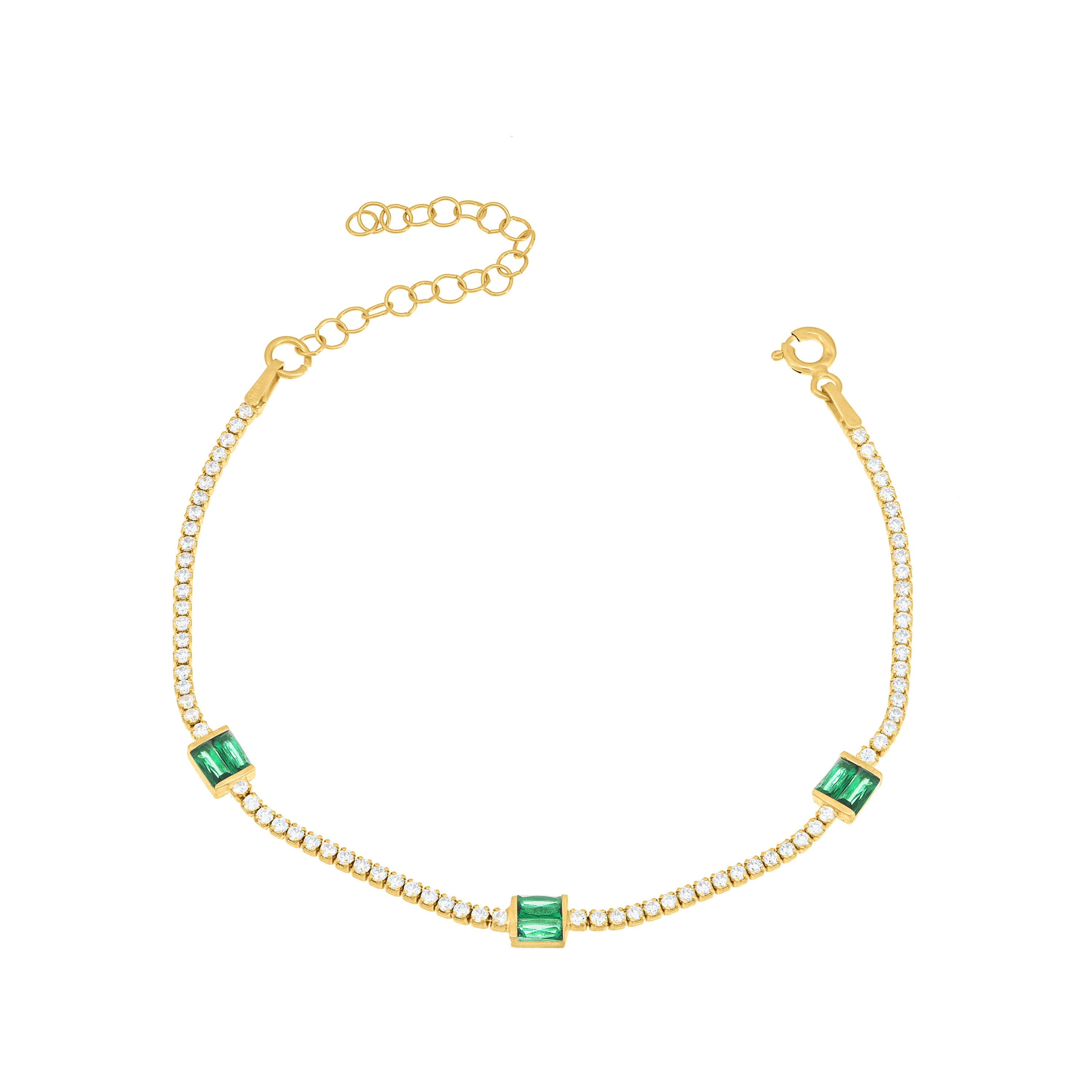 Three Baguette Cut Tennis Bracelet - Gold Green And White