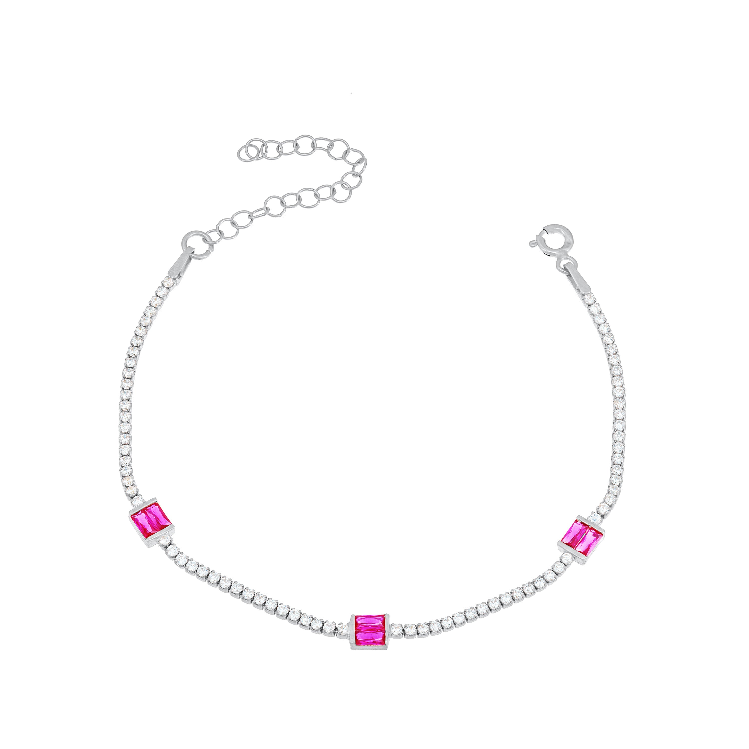 Three Baguette Cut Tennis Bracelet - Silver Fuchsia And White