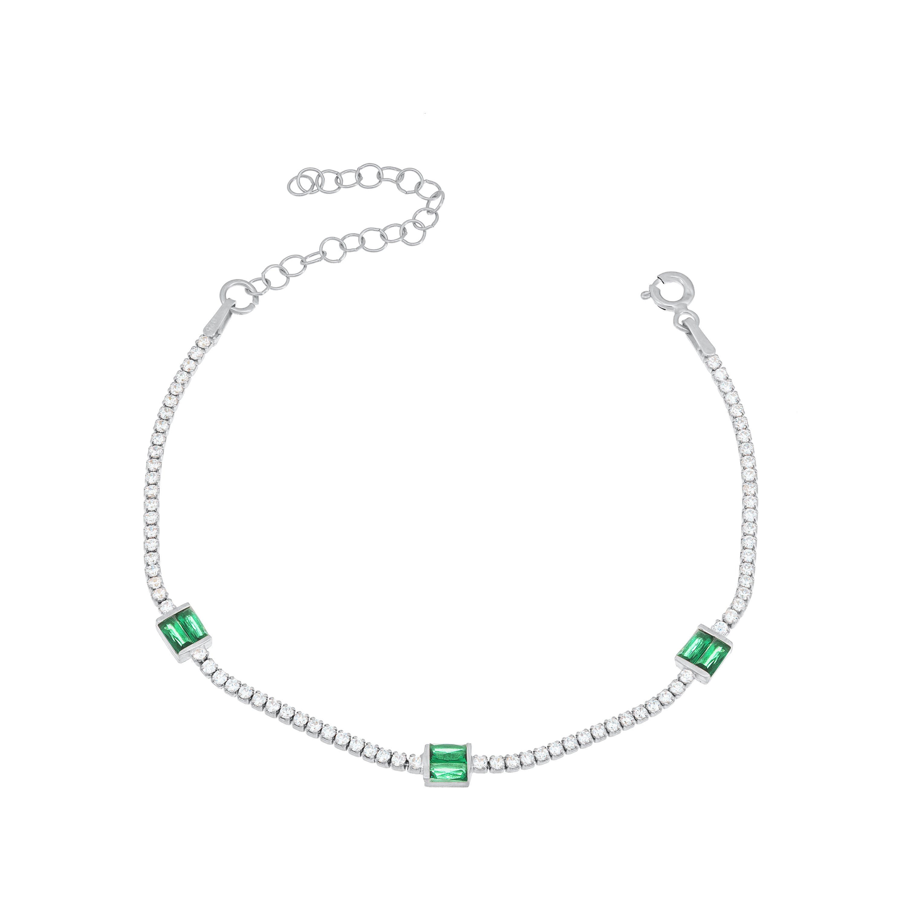 Three Baguette Cut Tennis Bracelet - Silver Green And White