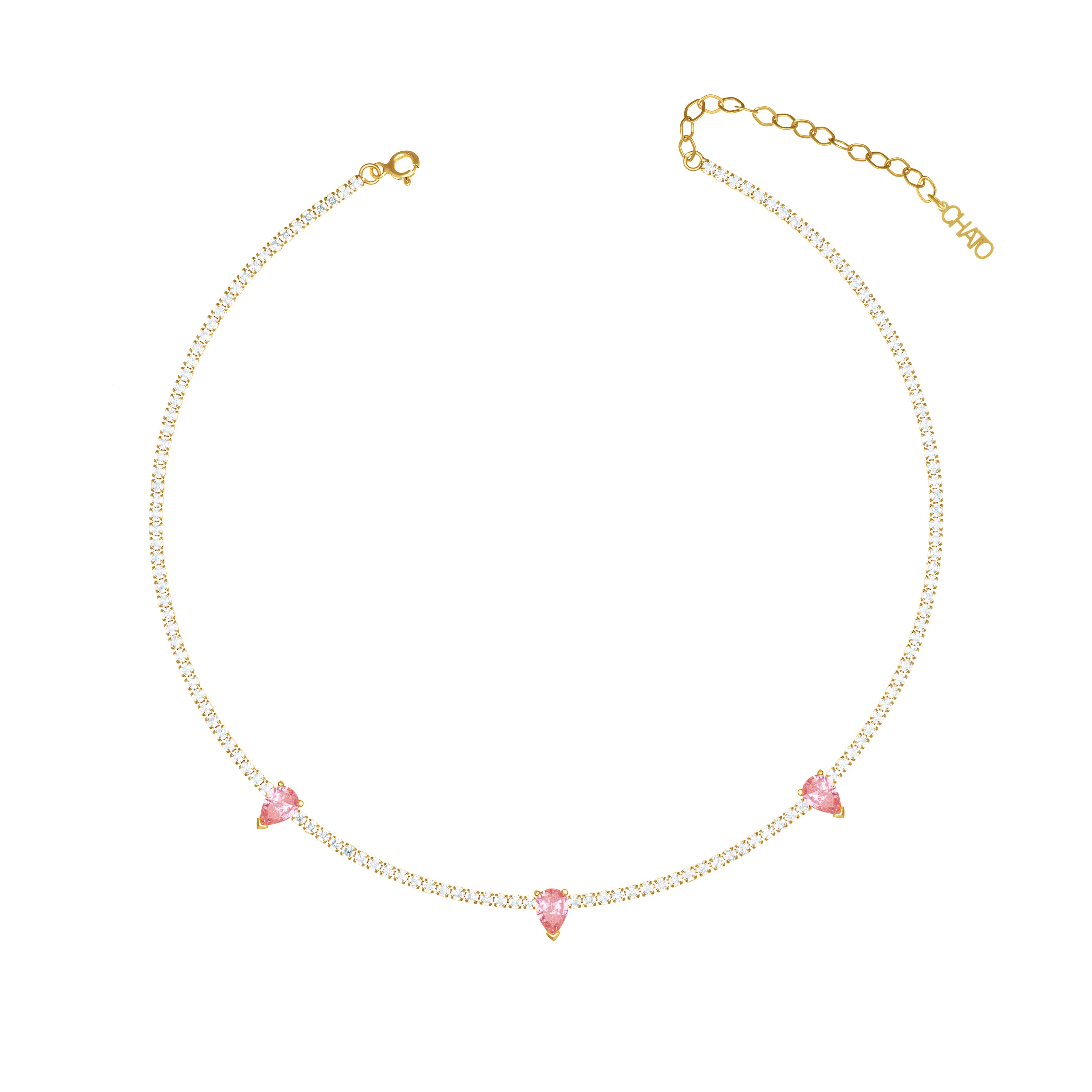 Three Teardrops Tennis Choker - Gold Light Pink And White