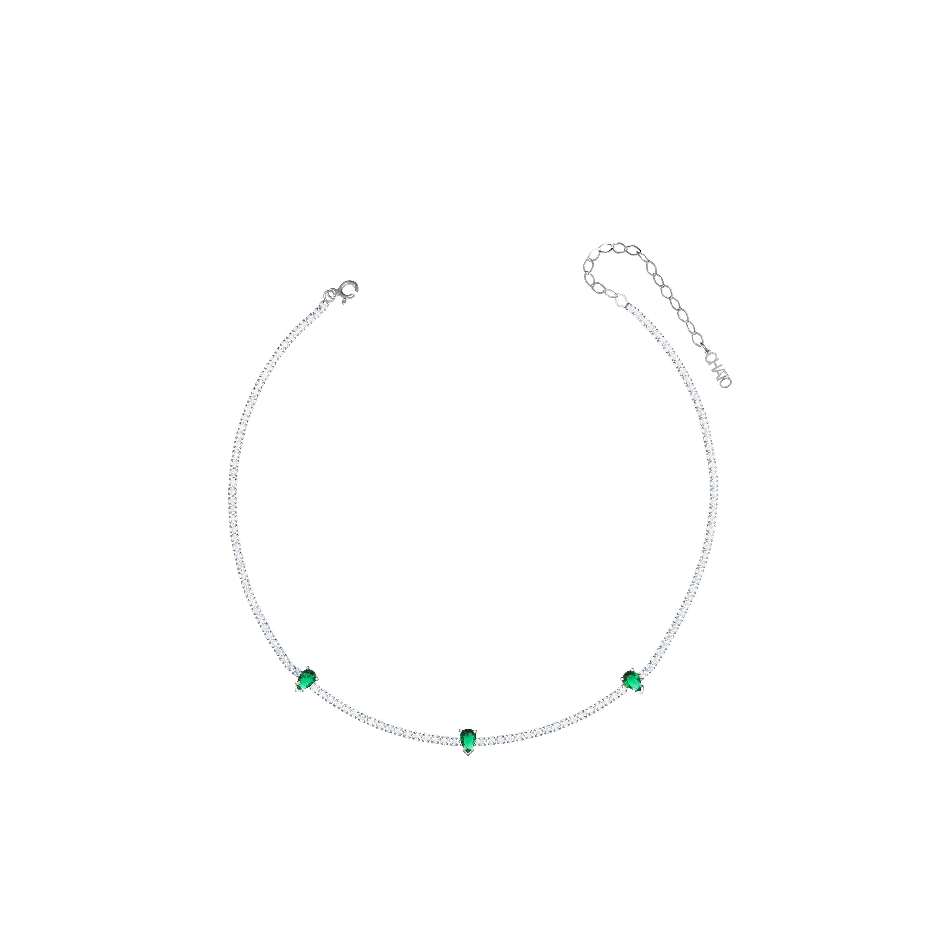 Three Teardrops Tennis Choker - Silver Green And White