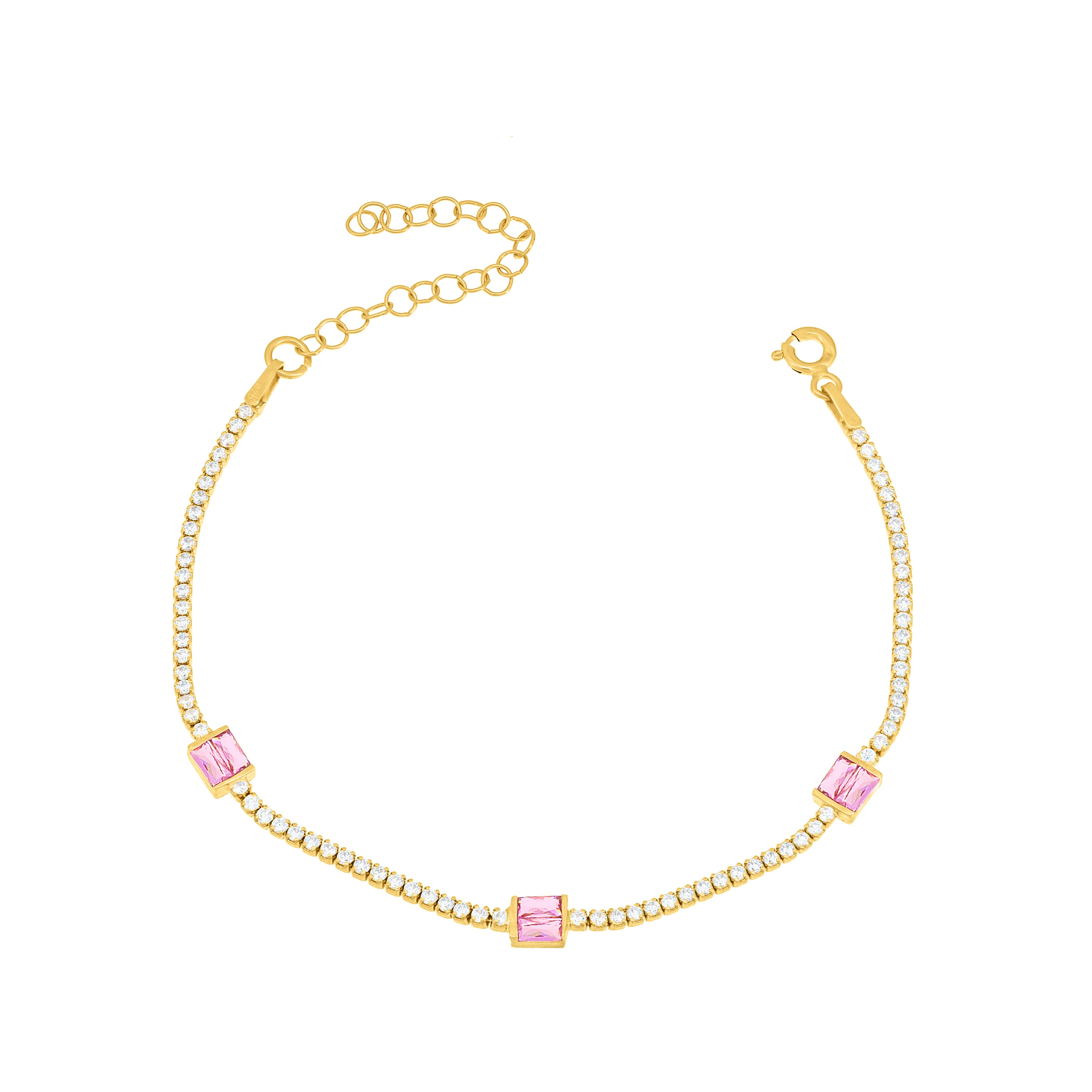Three Baguette Cut Tennis Bracelet - Gold Light Pink And White