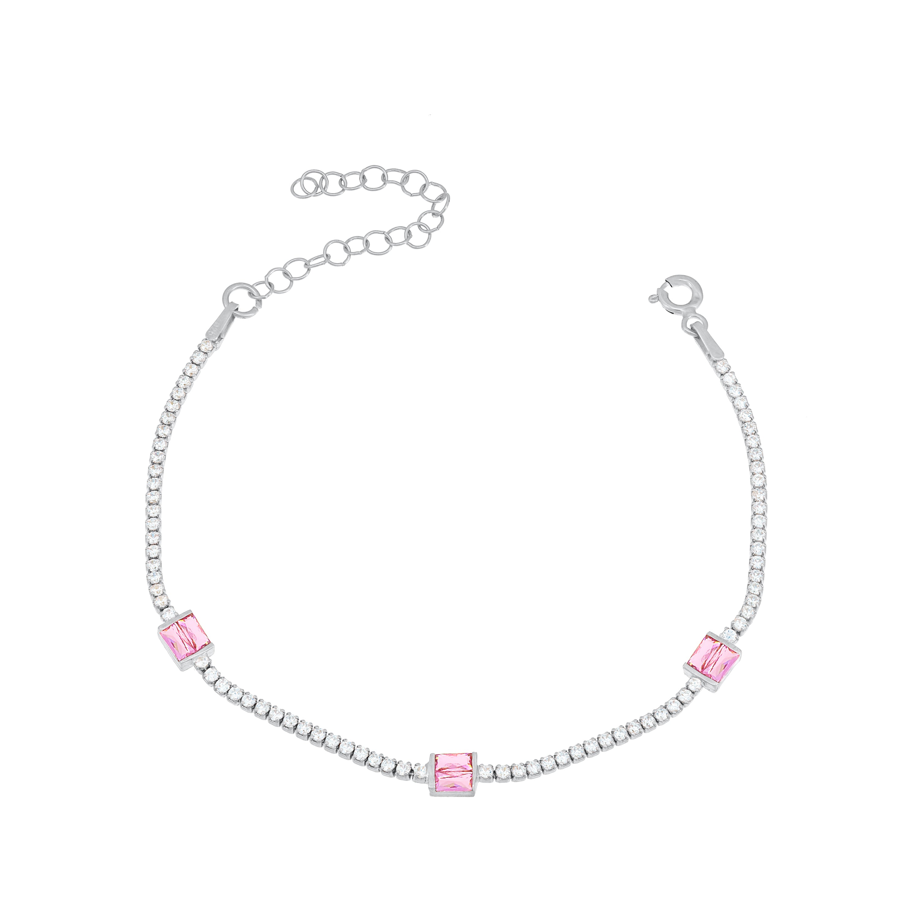 Three Baguette Cut Tennis Bracelet - Silver Light Pink And White