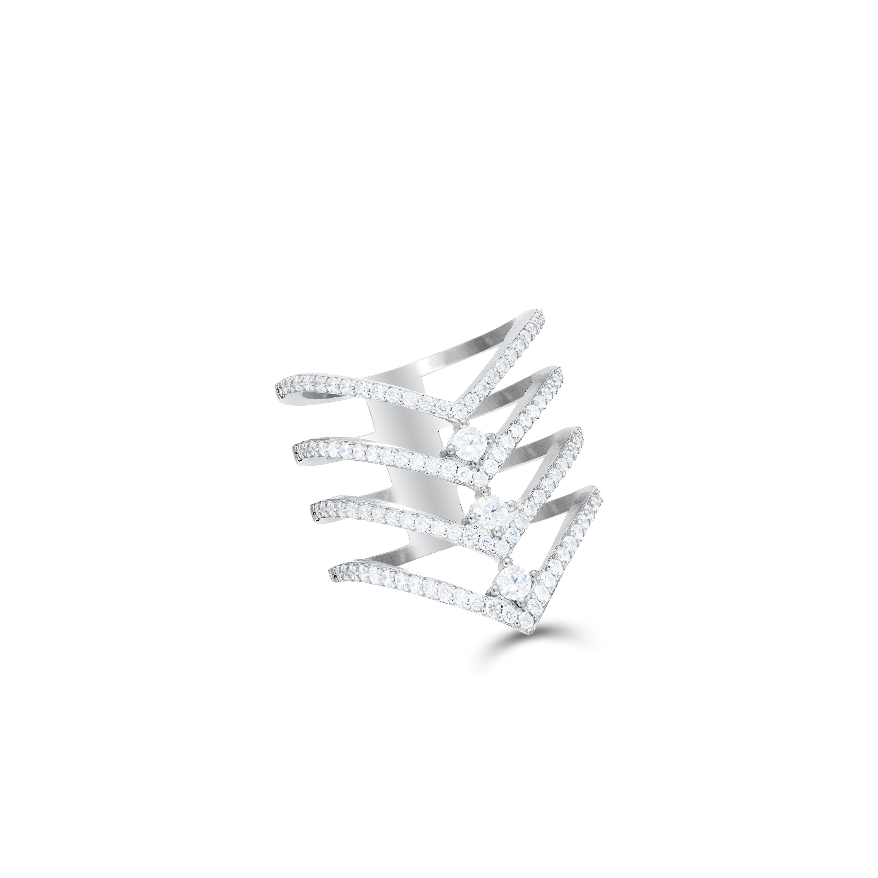 Three Dots Cz Multi Layer V-Shaped Ring - Silver Dot White / Line White