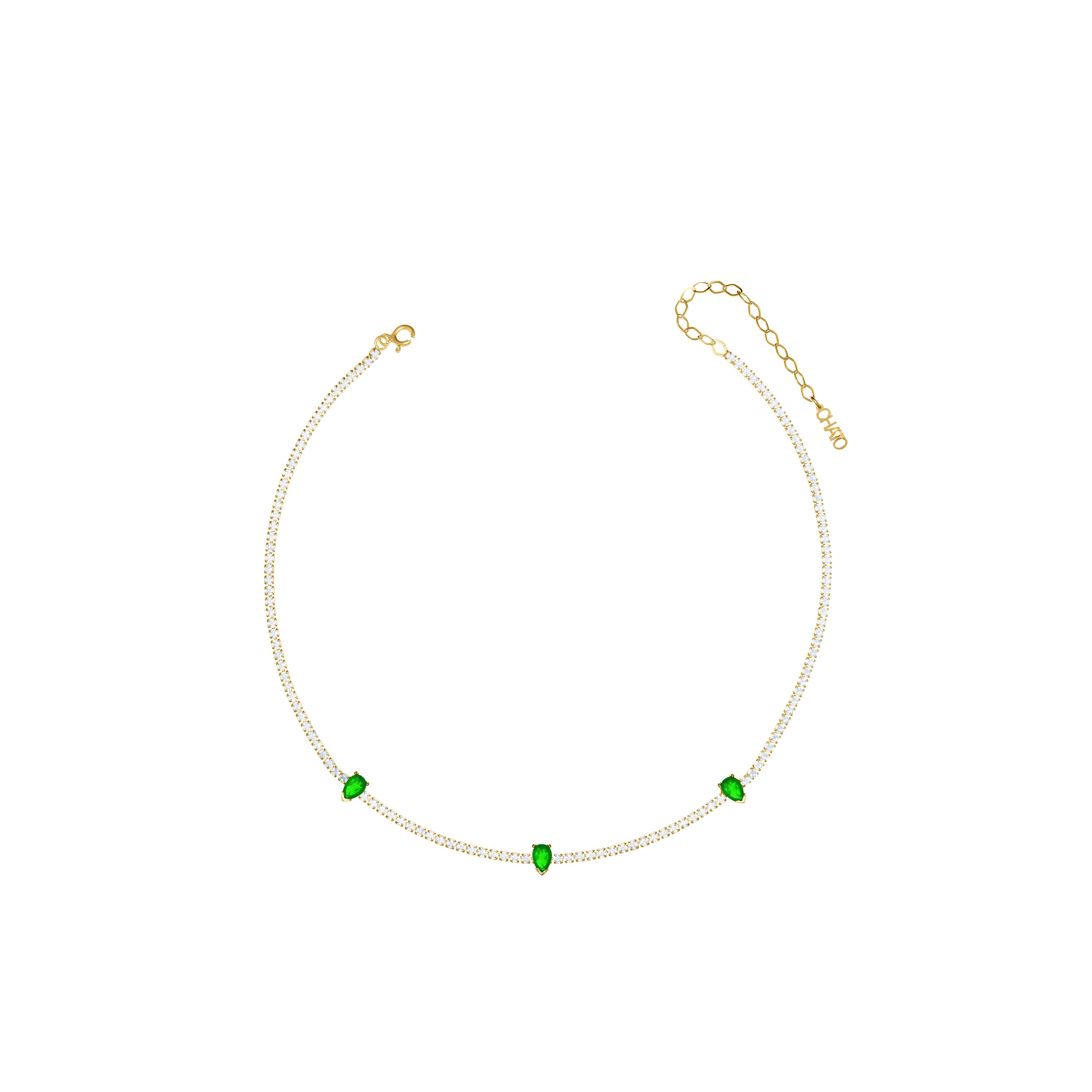 Three Teardrops Tennis Choker - Gold Green Matt And White