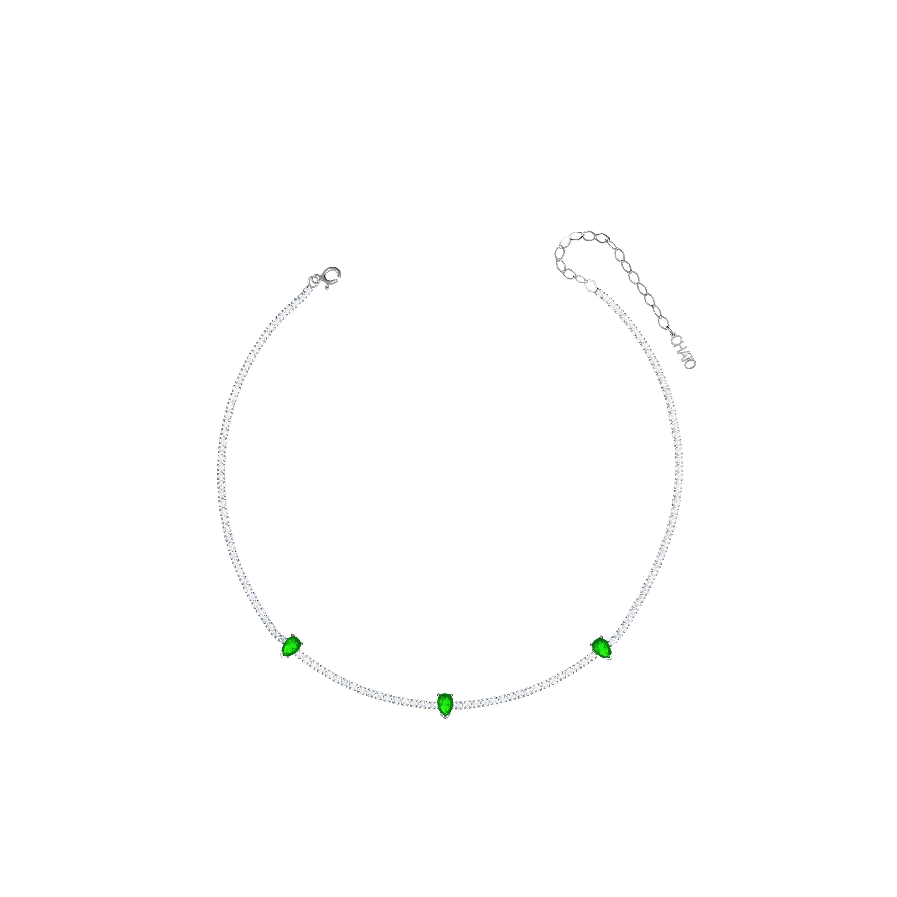 Three Teardrops Tennis Choker - Silver Green Matt And White