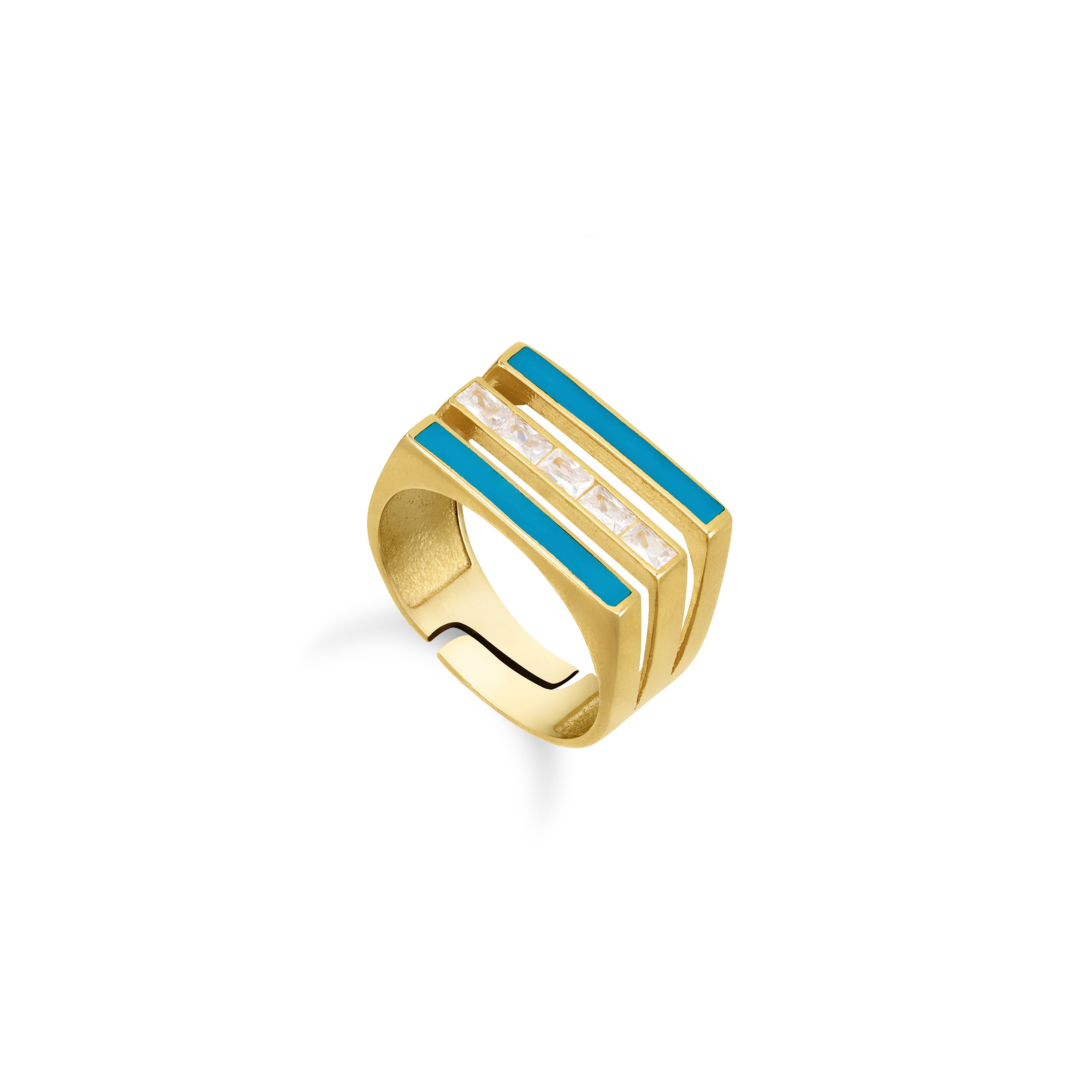 Triple Enamel Line Cube Ring - Gold Blue