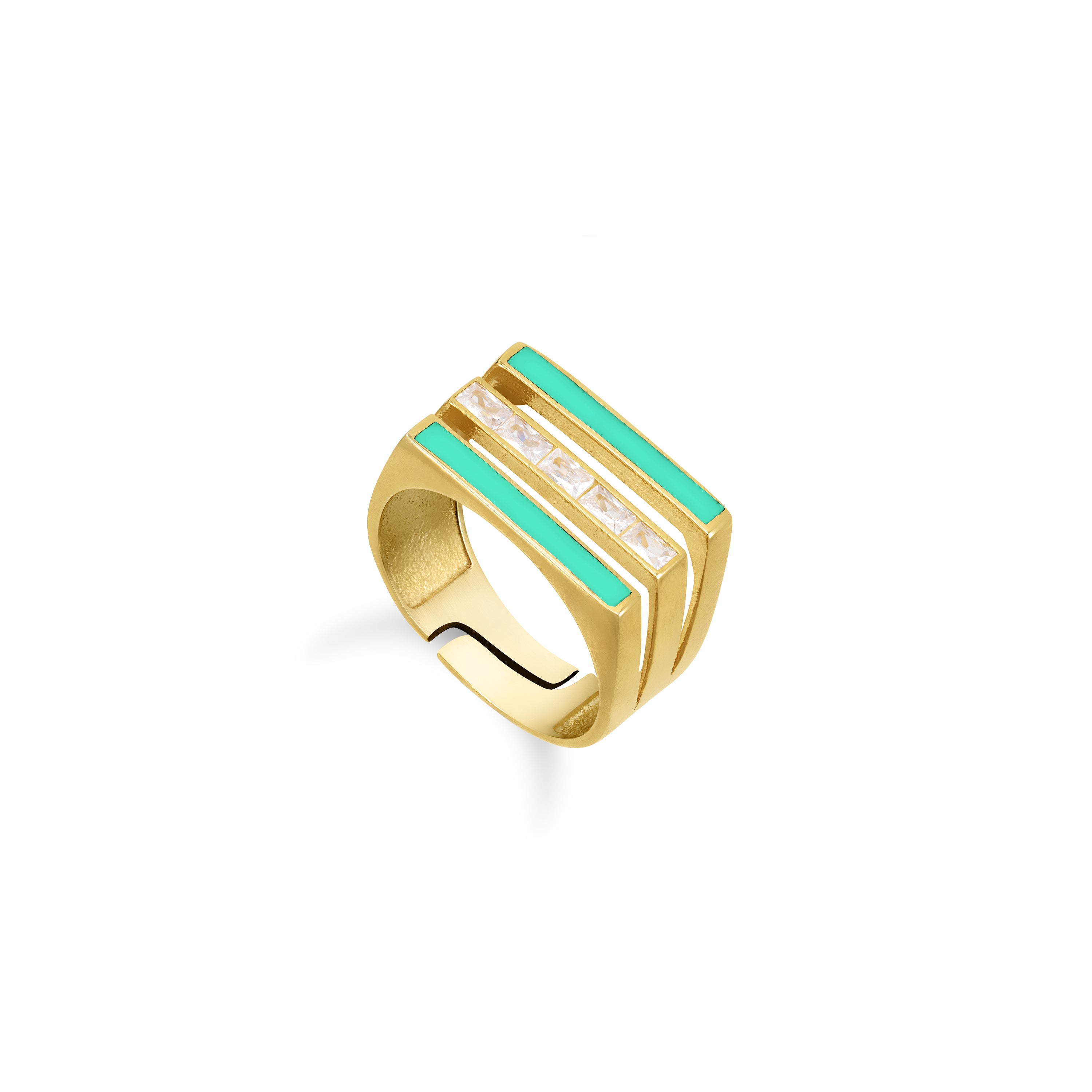 Triple Enamel Line Cube Ring - Gold Mint Green