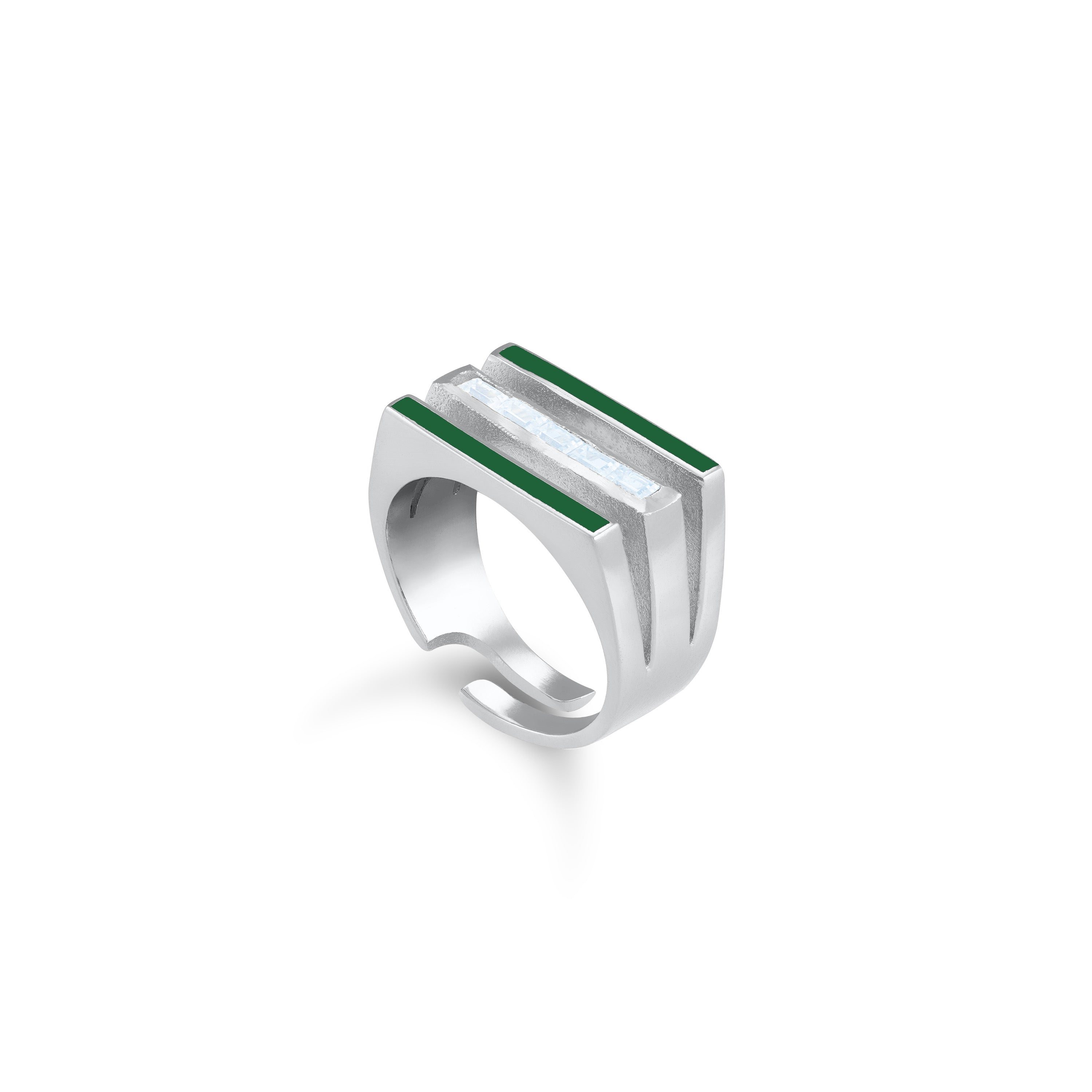 Triple Enamel Line Cube Ring - Silver Dark Green