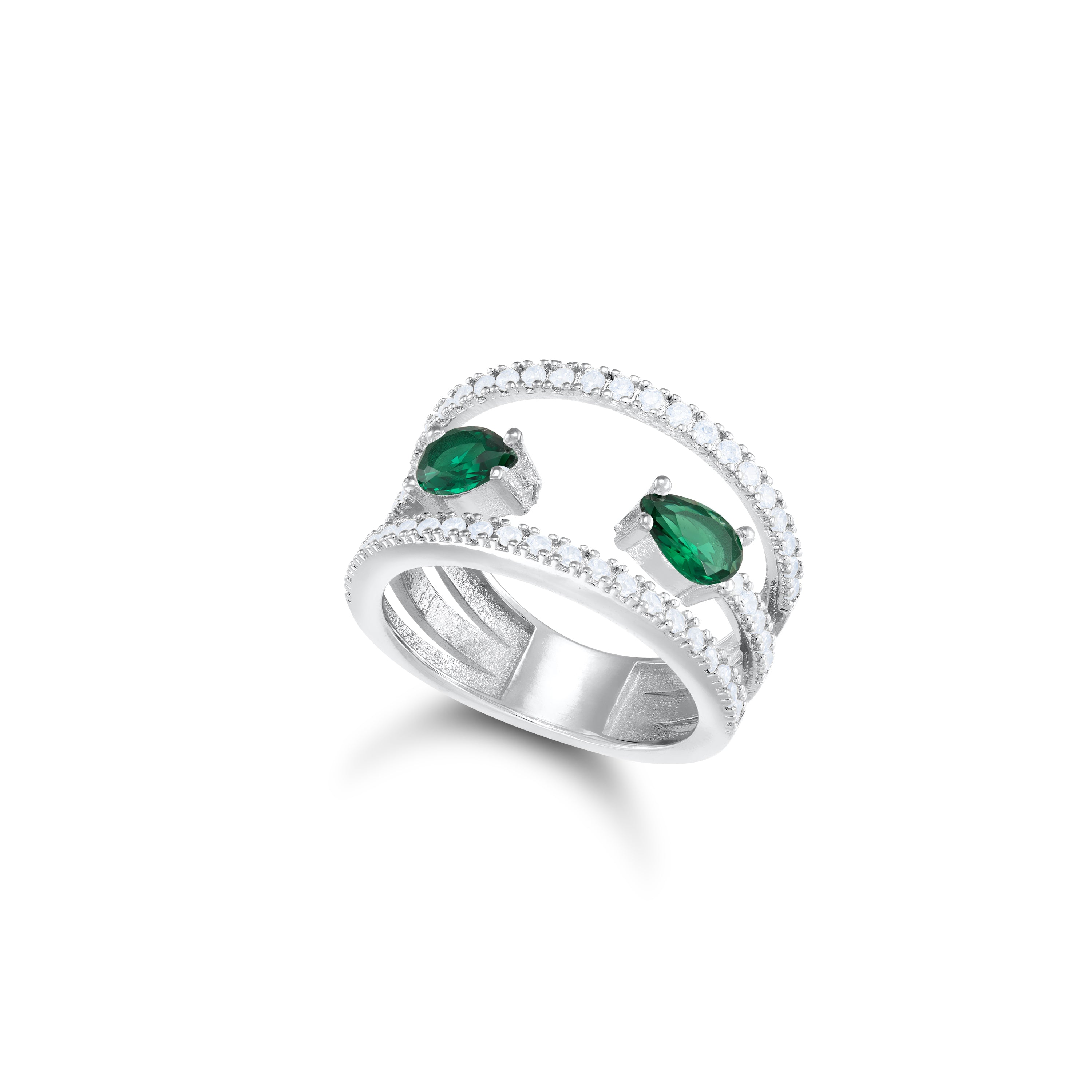 Two Line With Two Open Teardrop RIng - Silver Green And White