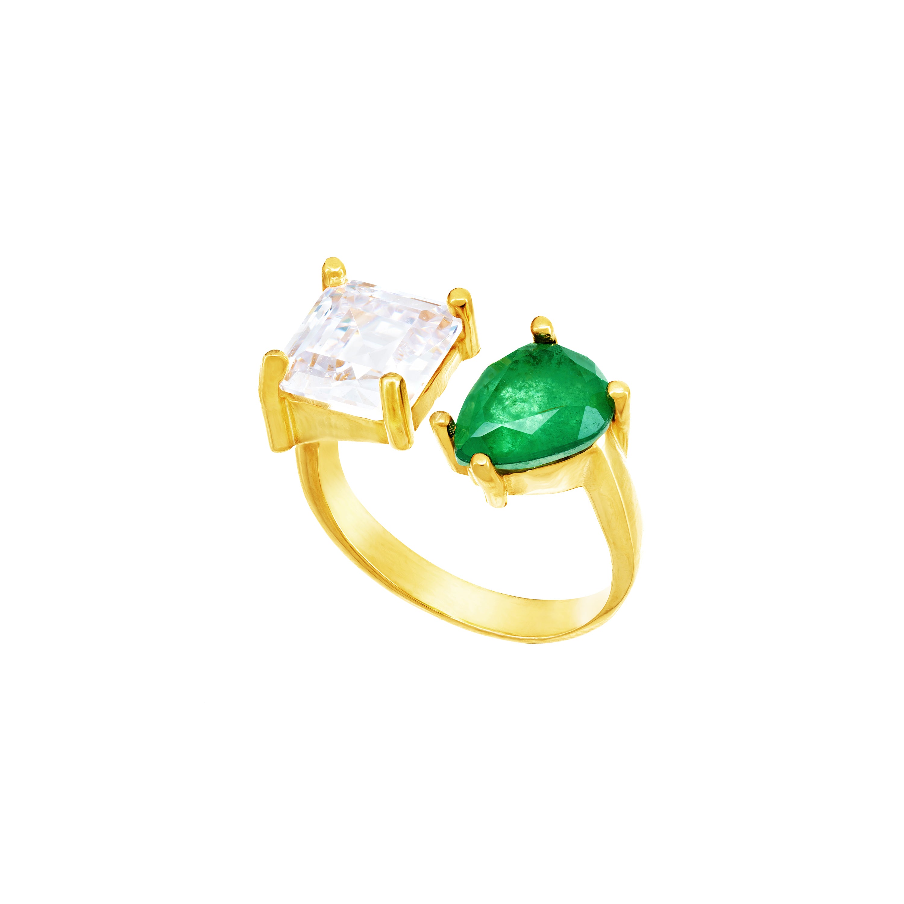 Two Stone Open Ring - Gold White And Green - Teardrop And Square