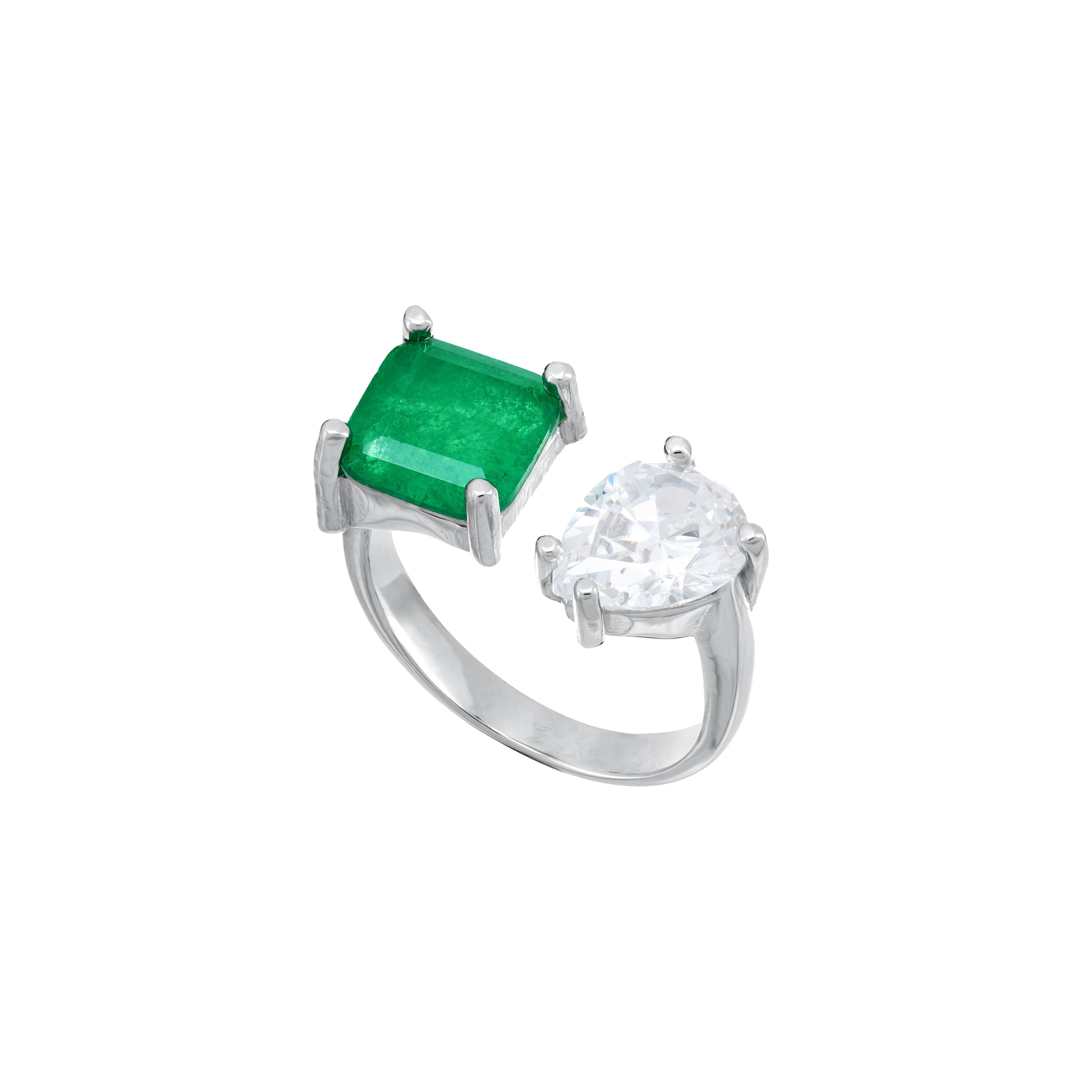 Two Stone Open Ring -Silver Green And White - Teardrop And Square
