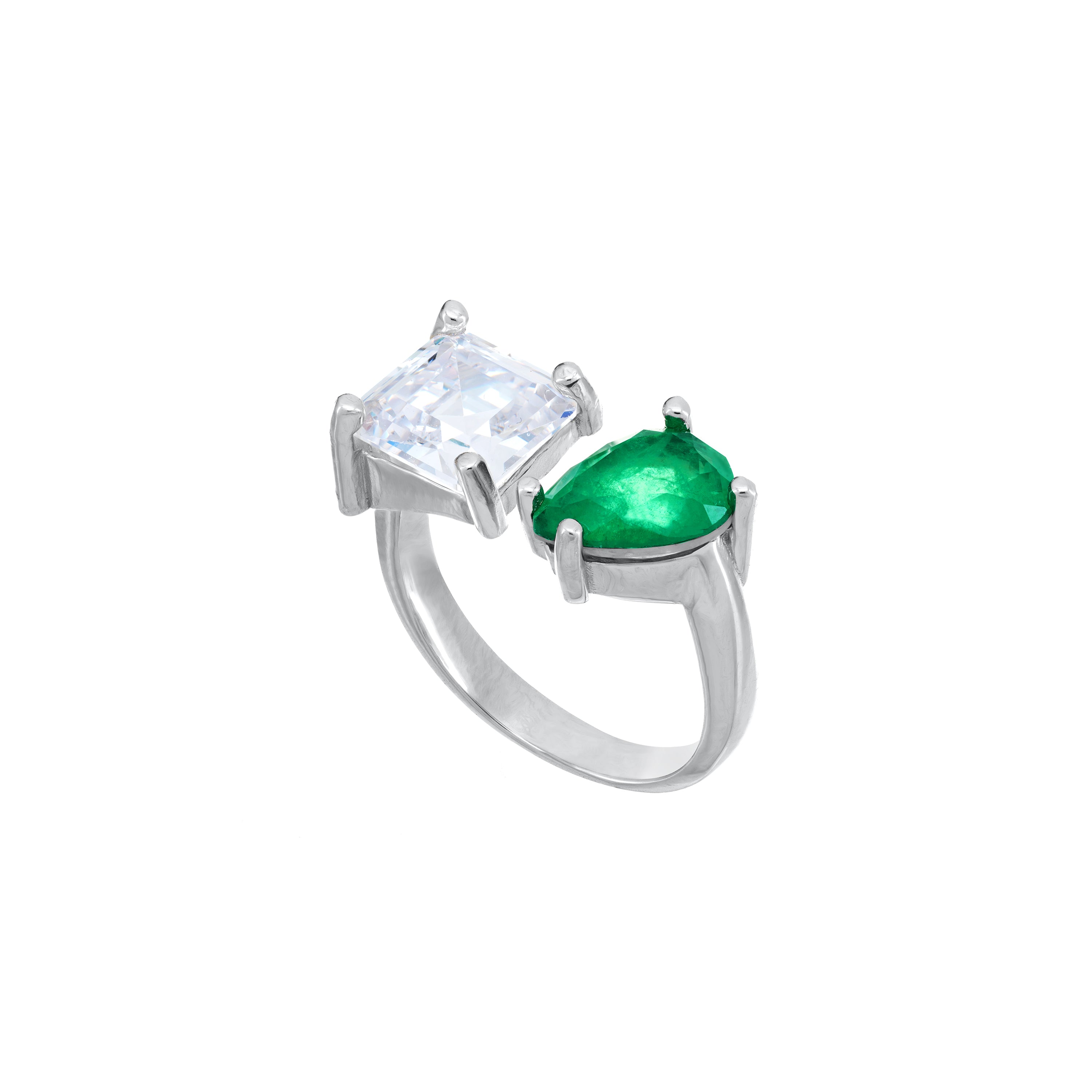 Two Stone Open Ring - Silver White And Green - Teardrop And Square