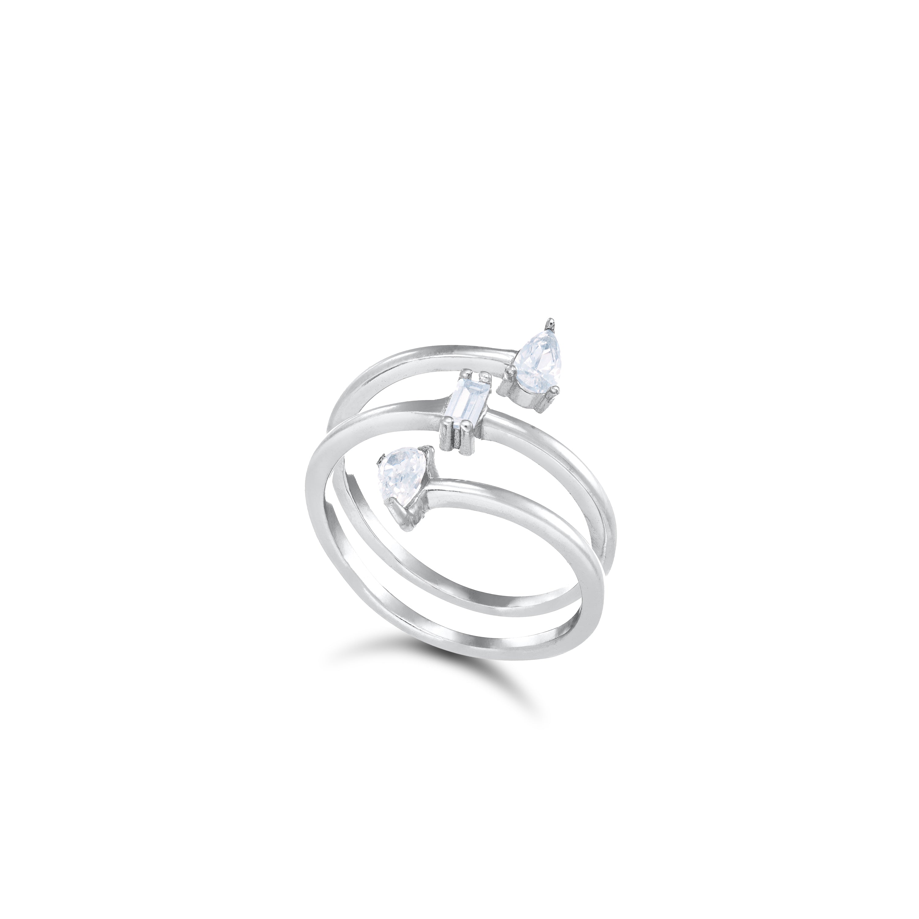 Two Teardrop And Baguette Spiral Ring - Silver White
