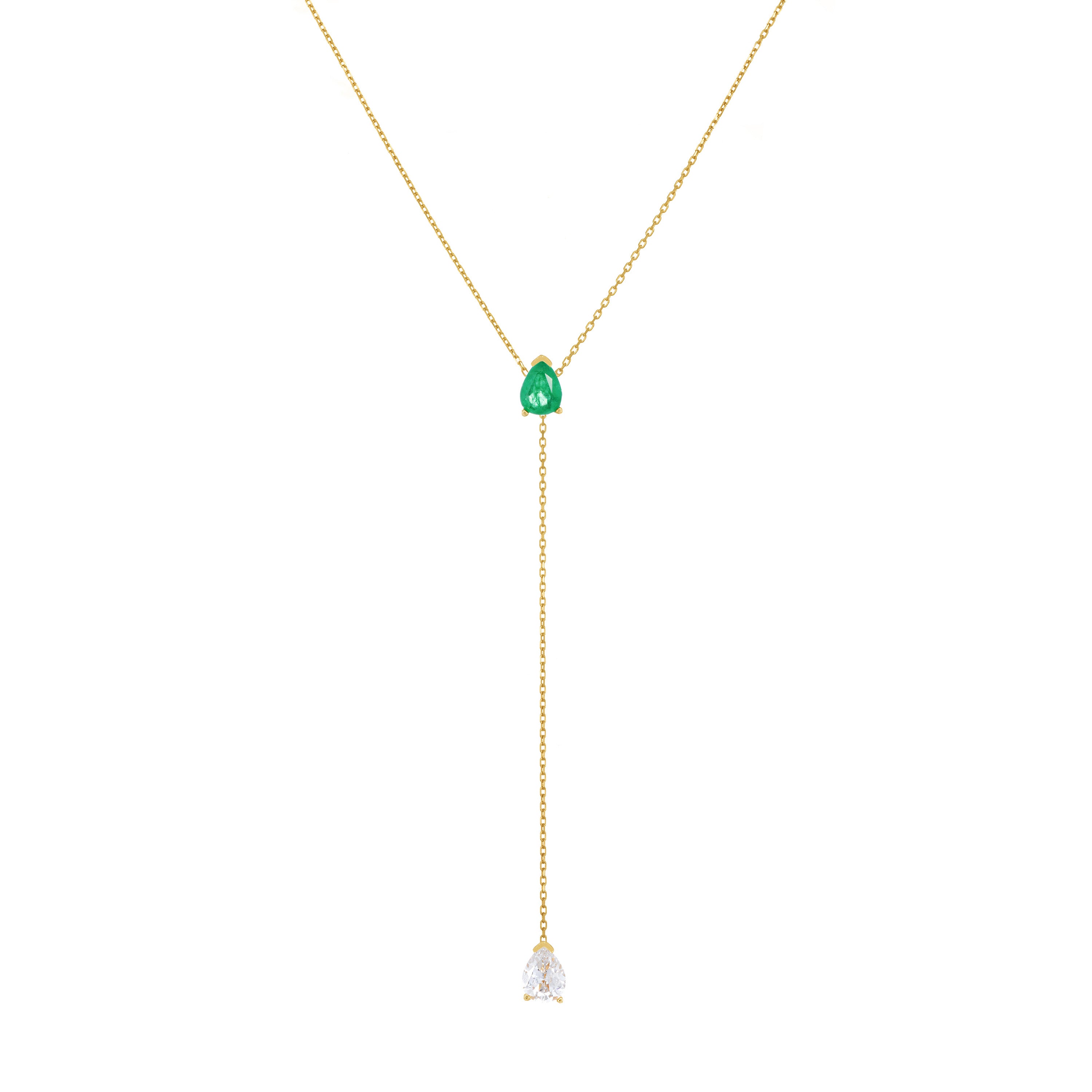 Two Teardrops Lariat Necklace - Gold Green Matt And White