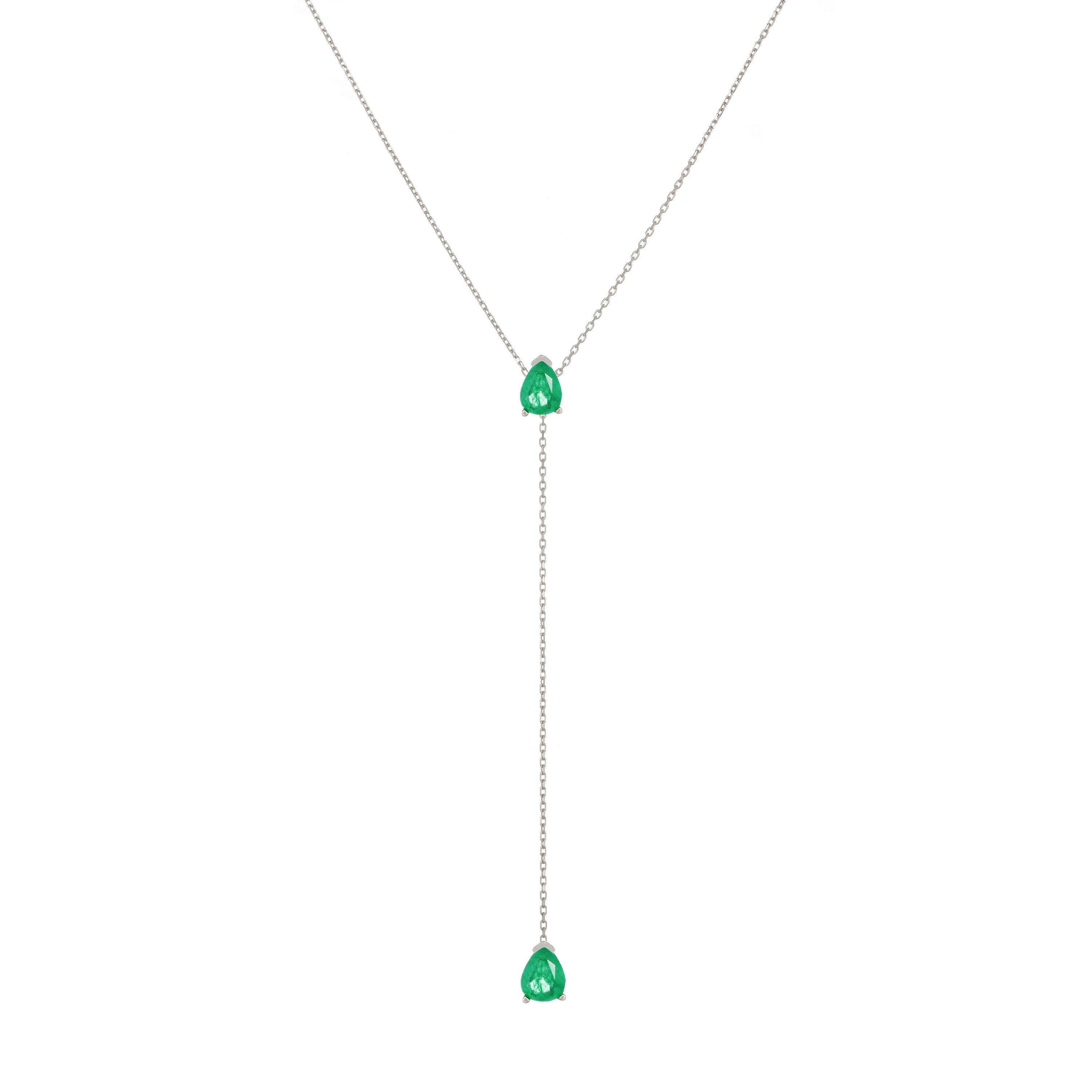 Two Teardrops Lariat Necklace - Silver Green Matt
