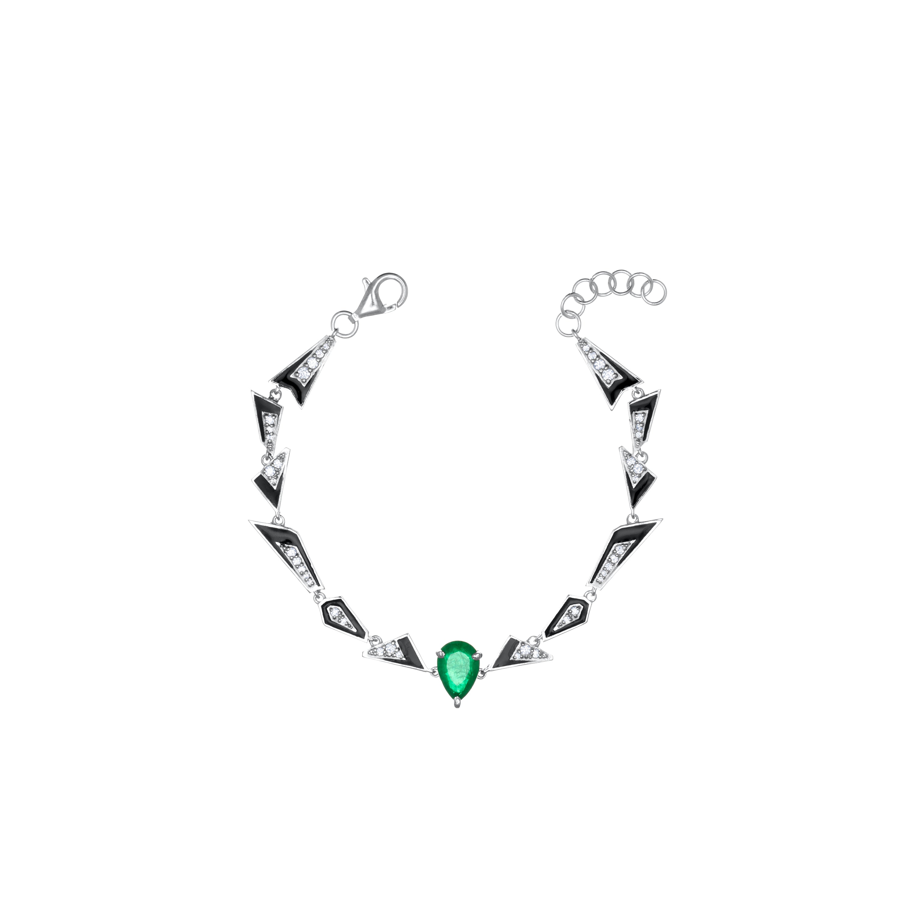 Uneven Geometric Enamel And CZ Teardrop Bracelet - Silver Green And White