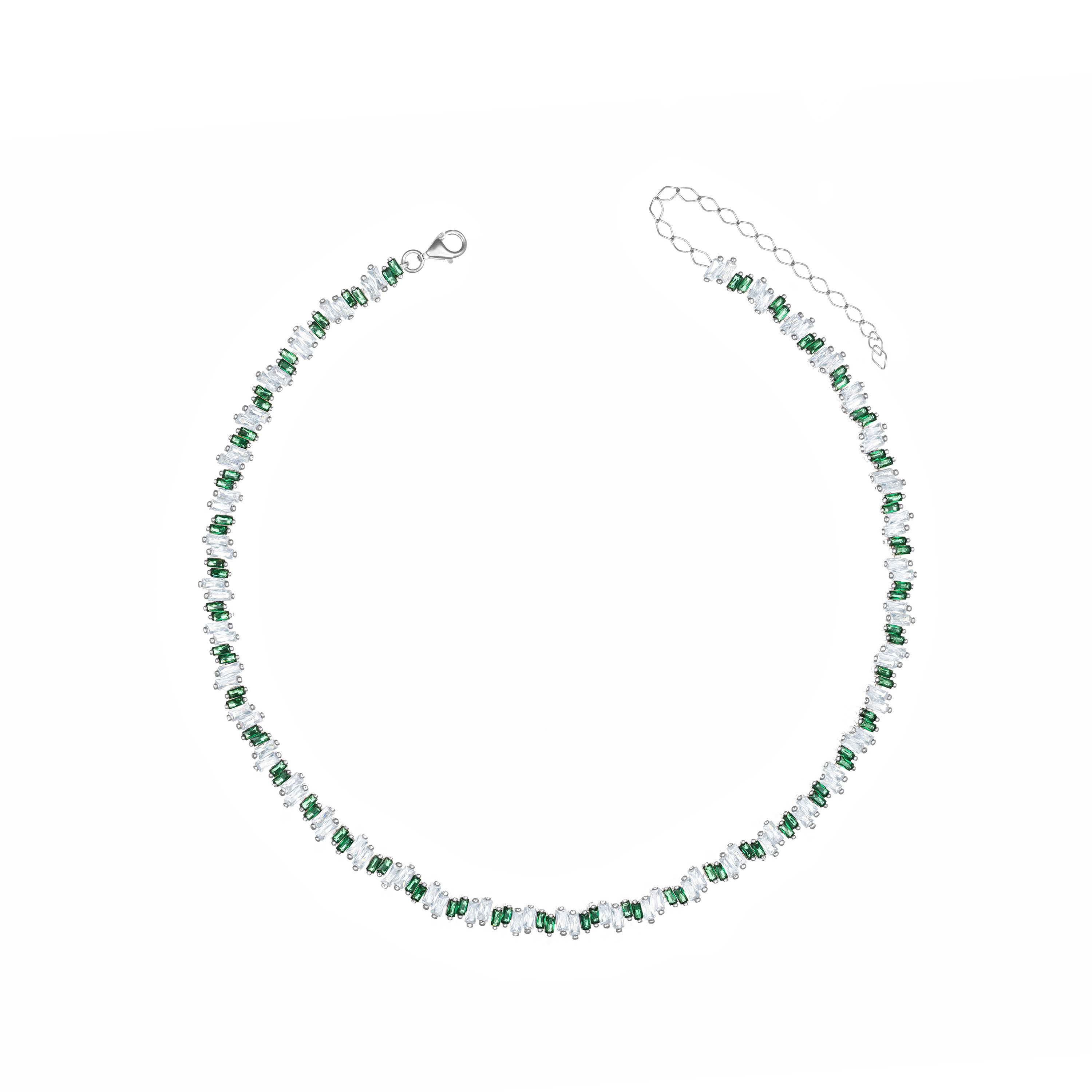 Up Down Baguette Tennis Choker - Silver Green And White