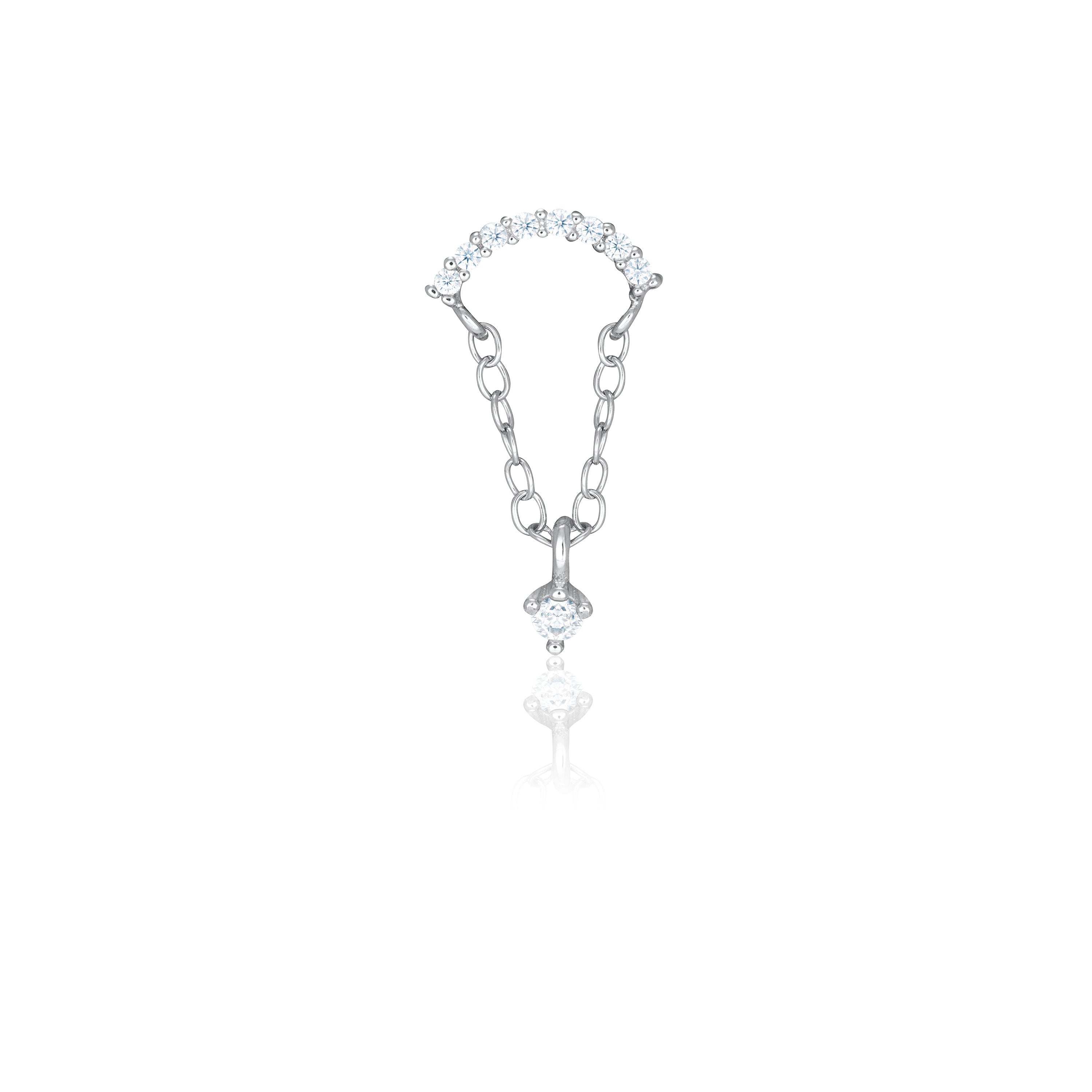 Curved Bar With Link Chain And Dangling Cz Stone Piercing - Silver White