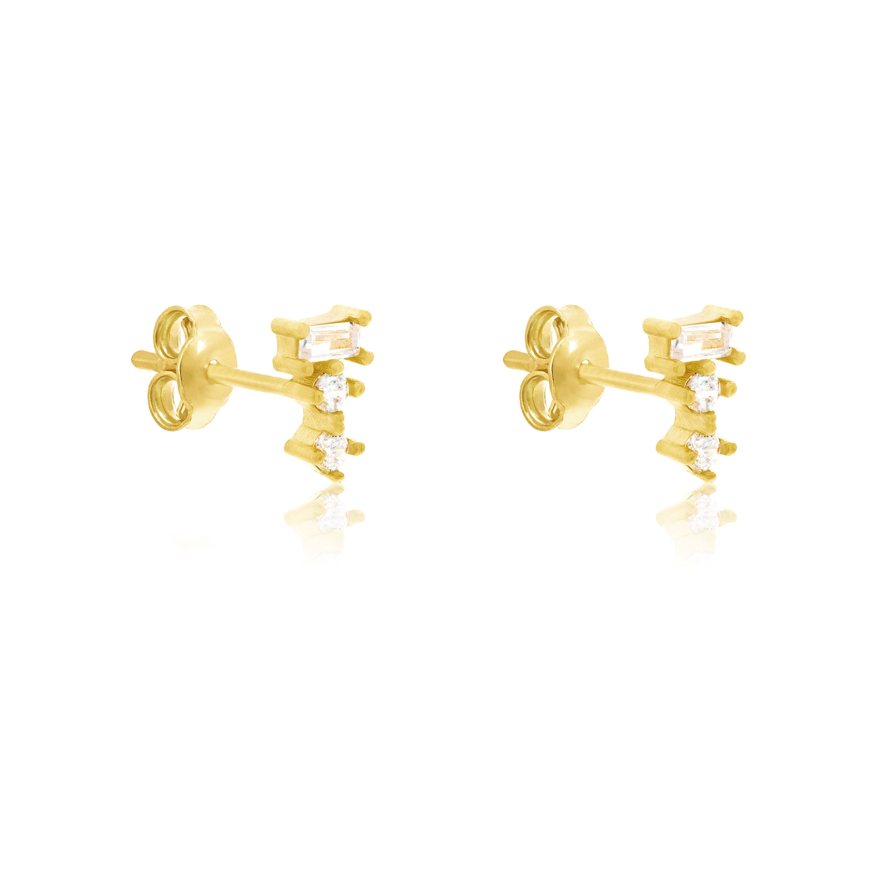Baguette And Solitaire Combo Stud Earrings - Gold