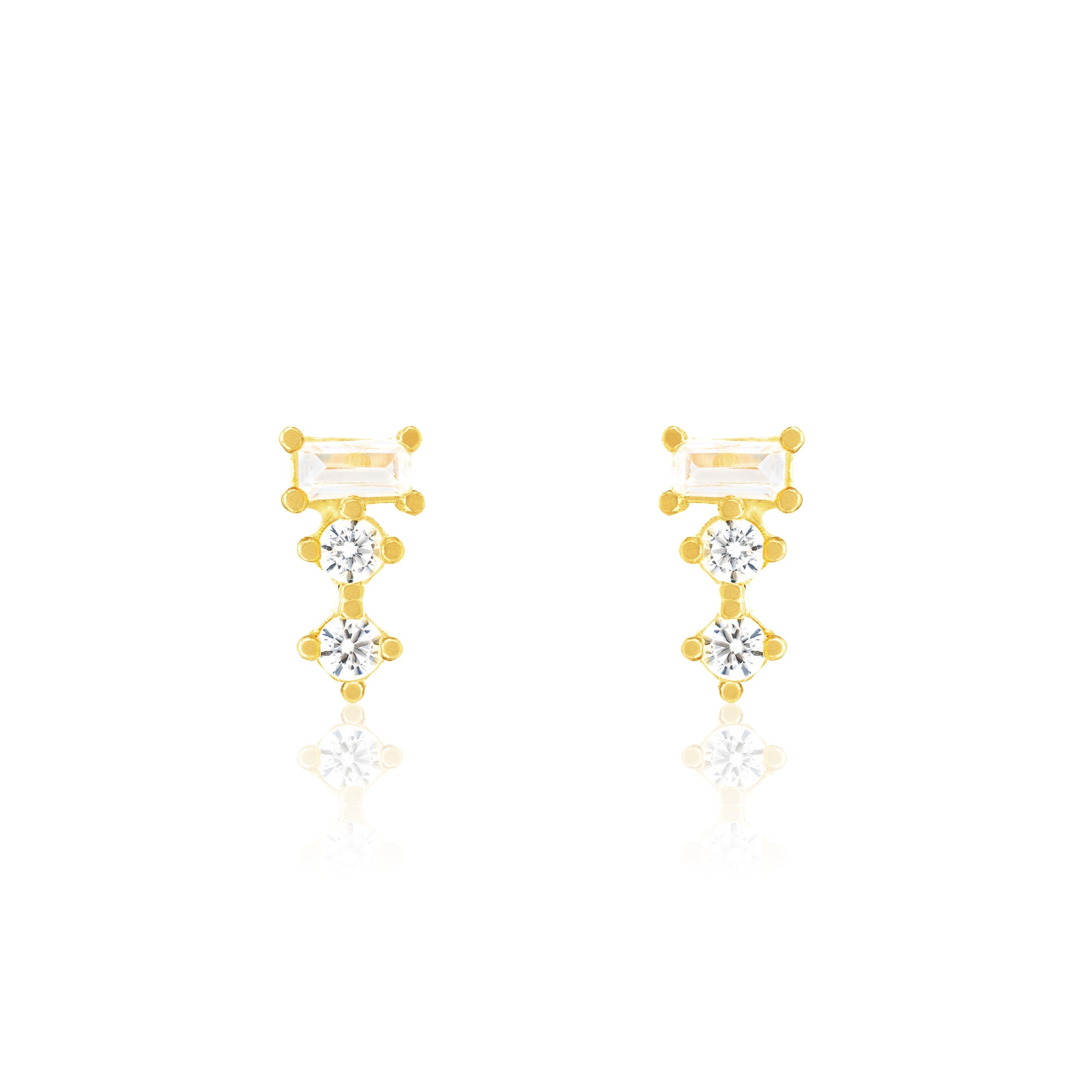 Baguette And Solitaire Combo Stud Earrings - Gold