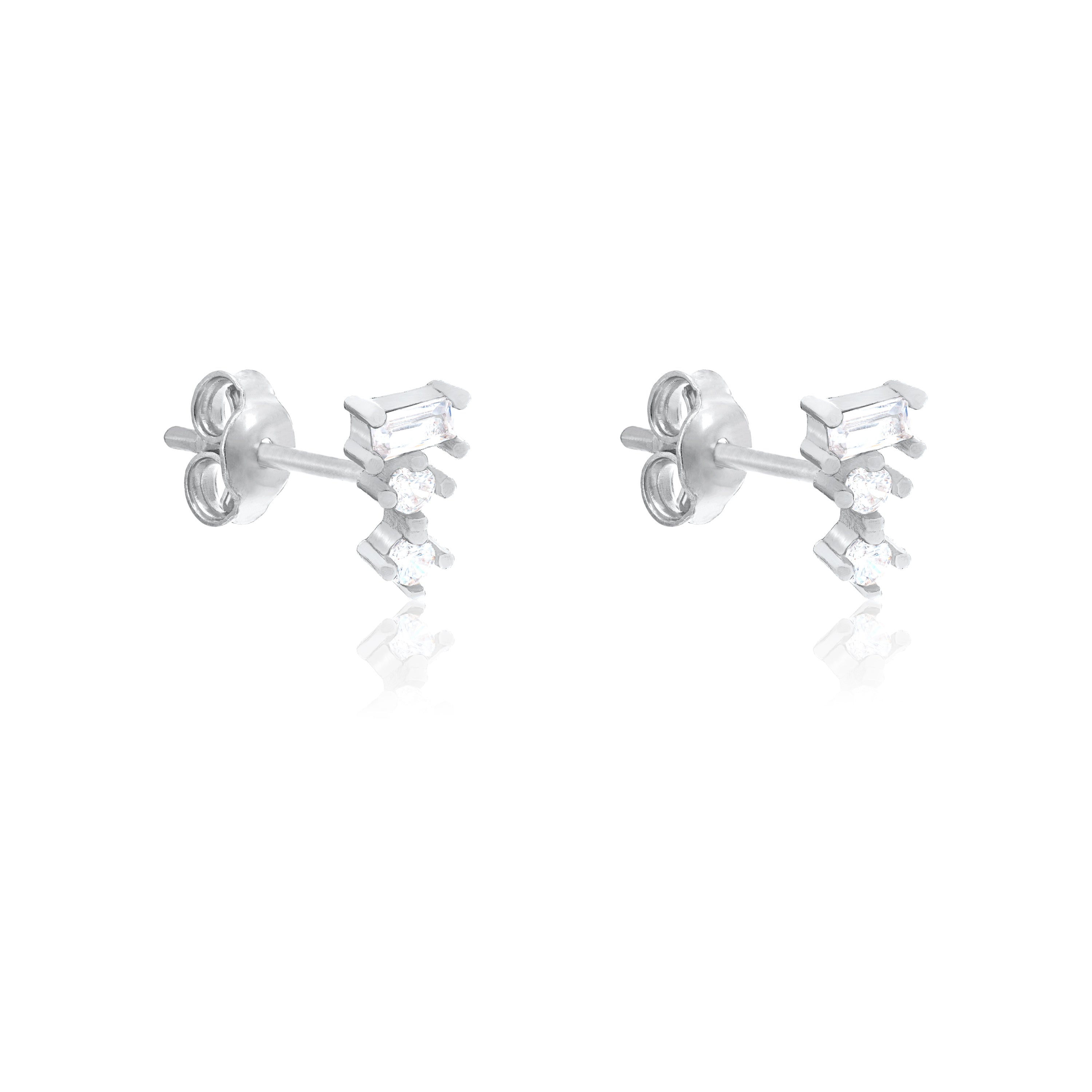 Baguette And Solitaire Combo Stud Earrings - Silver