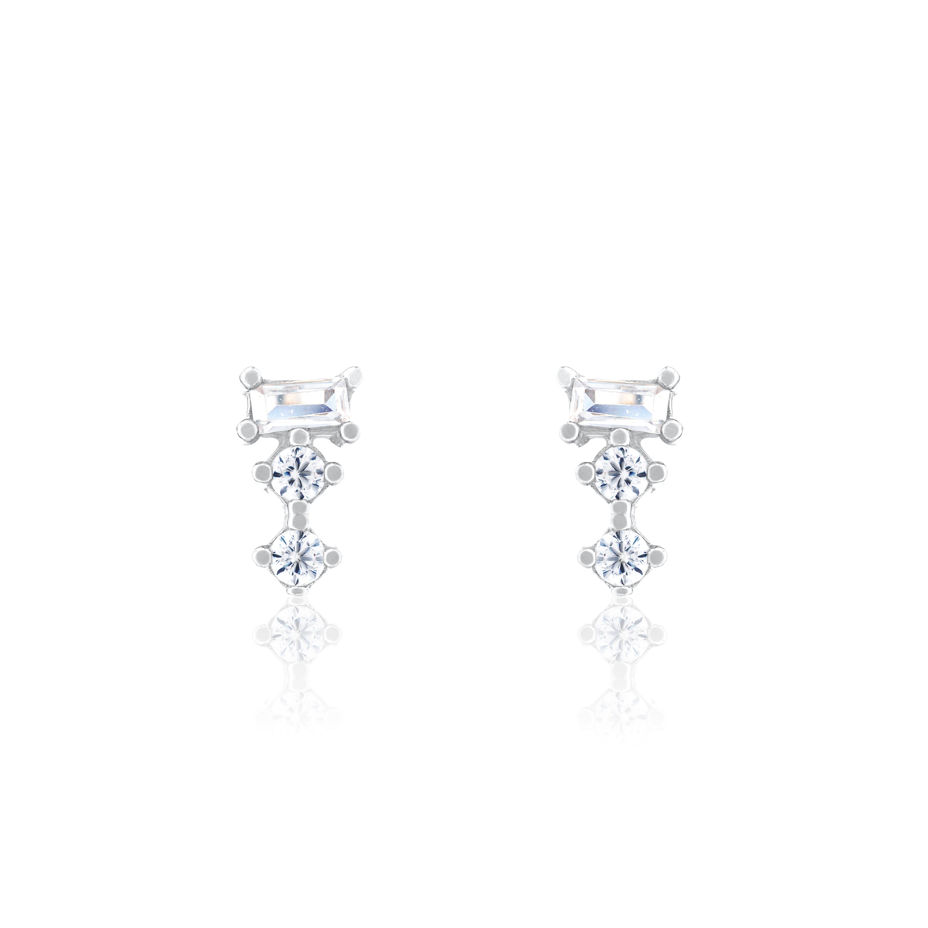 Baguette And Solitaire Combo Stud Earrings - Silver