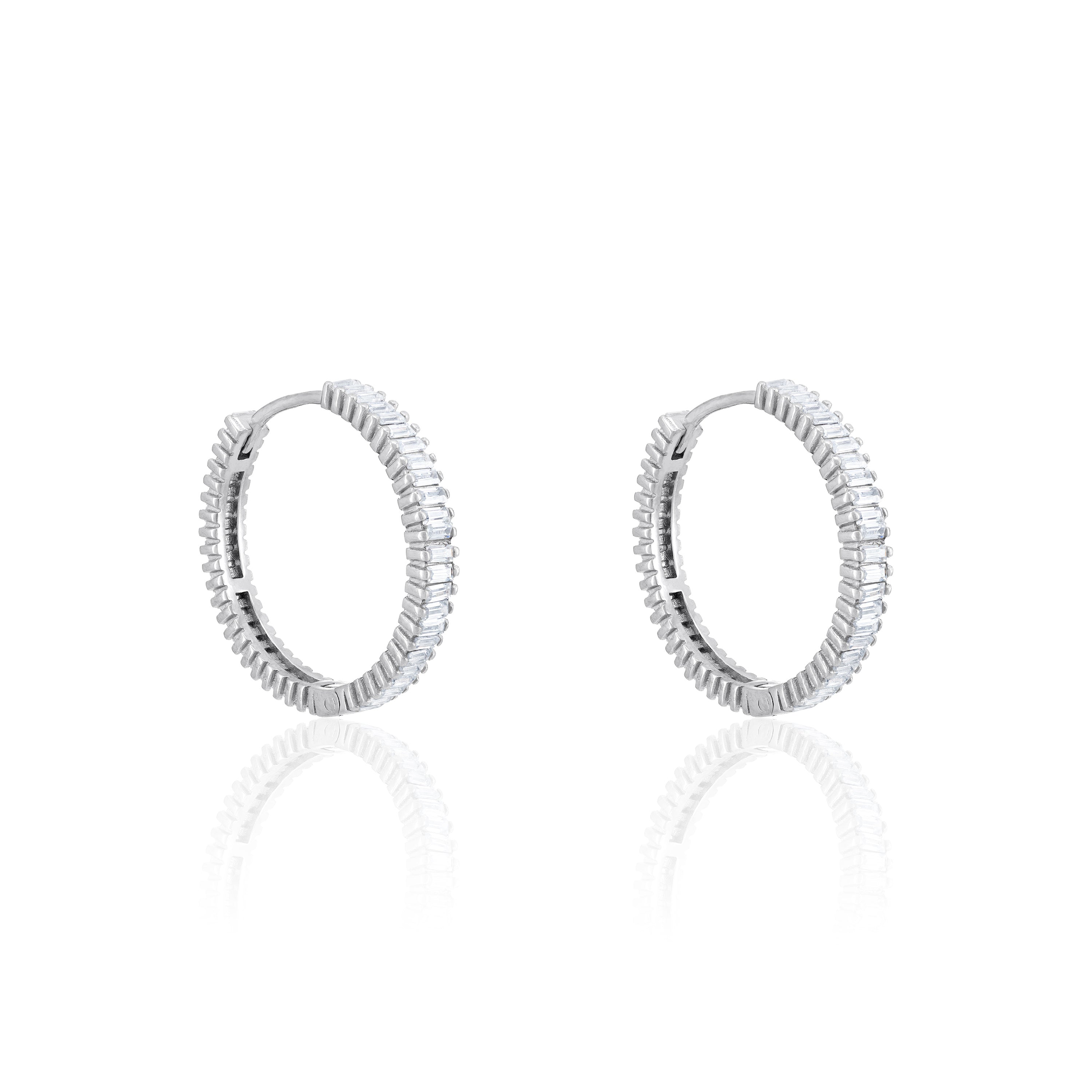 Baguette Eternity Hoop Earrings - Silver White - Large