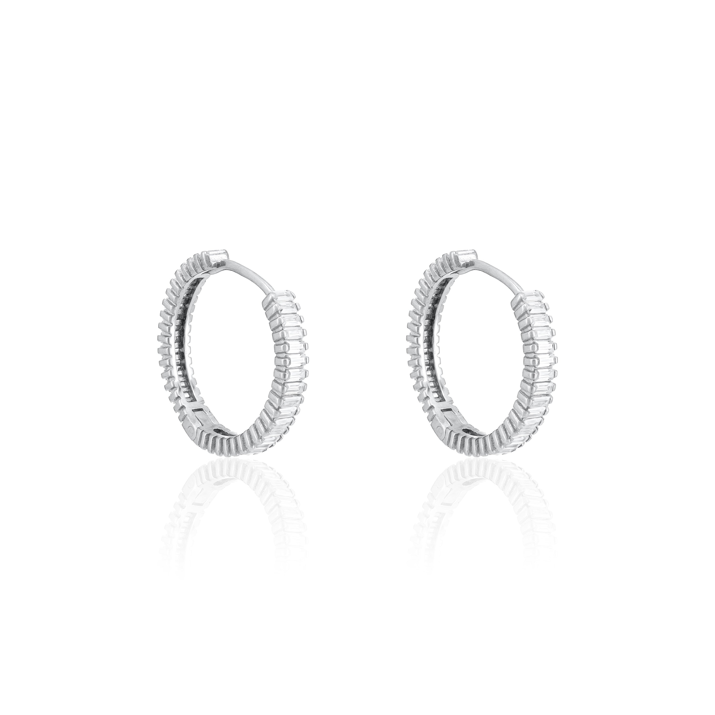 Baguette Eternity Hoop Earrings - Silver White - Medium