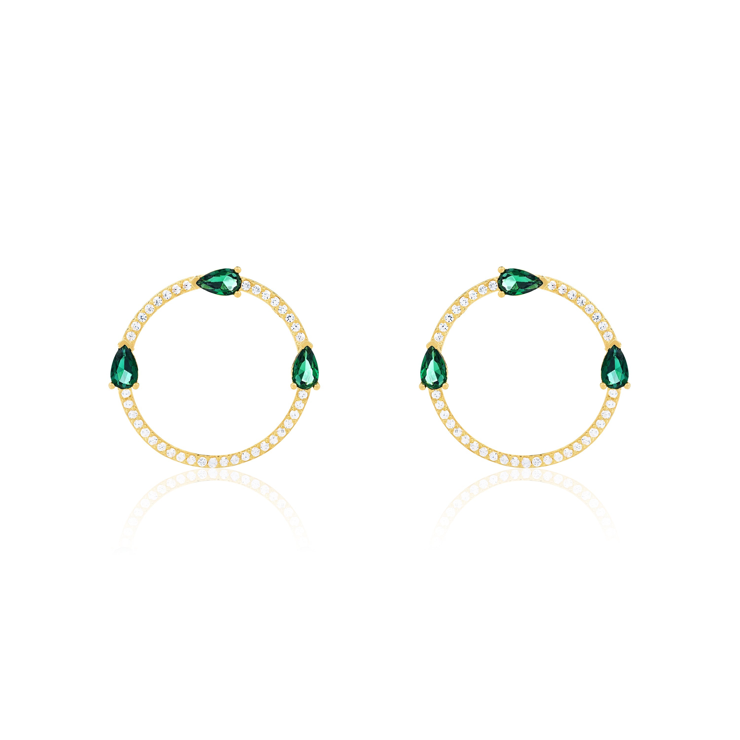 Circle Pave Cubic Zirconia With Three Teardrops Earrings - Gold Green And White