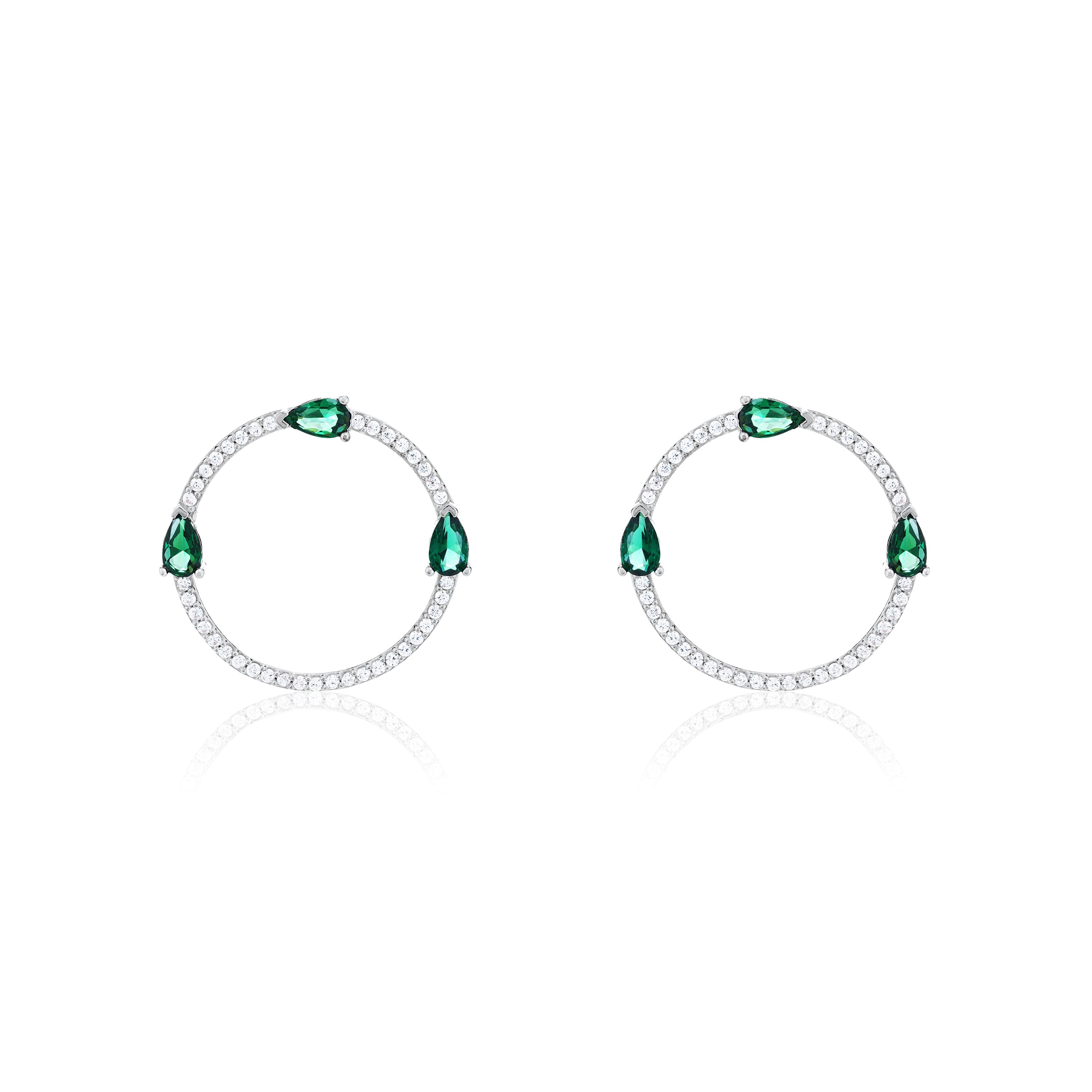 Circle Pave Cubic Zirconia With Three Teardrops Earrings - Silver Green And White