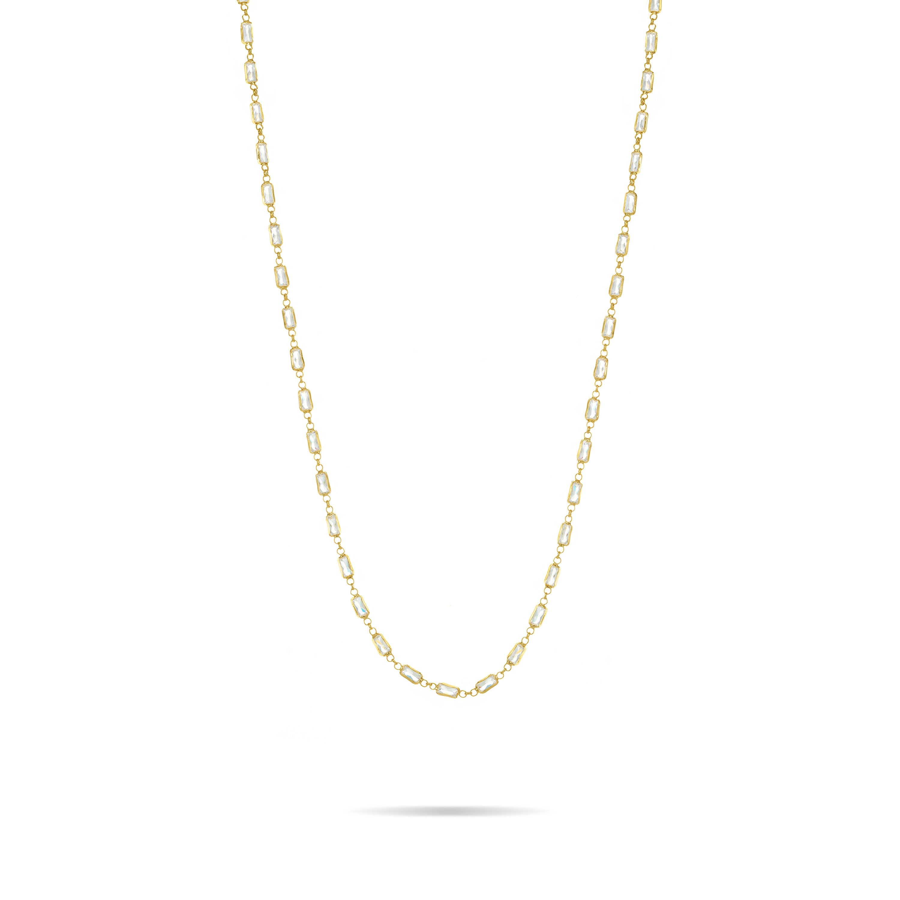 Connected Tiny Baguettes Long Necklace - Gold White - Short