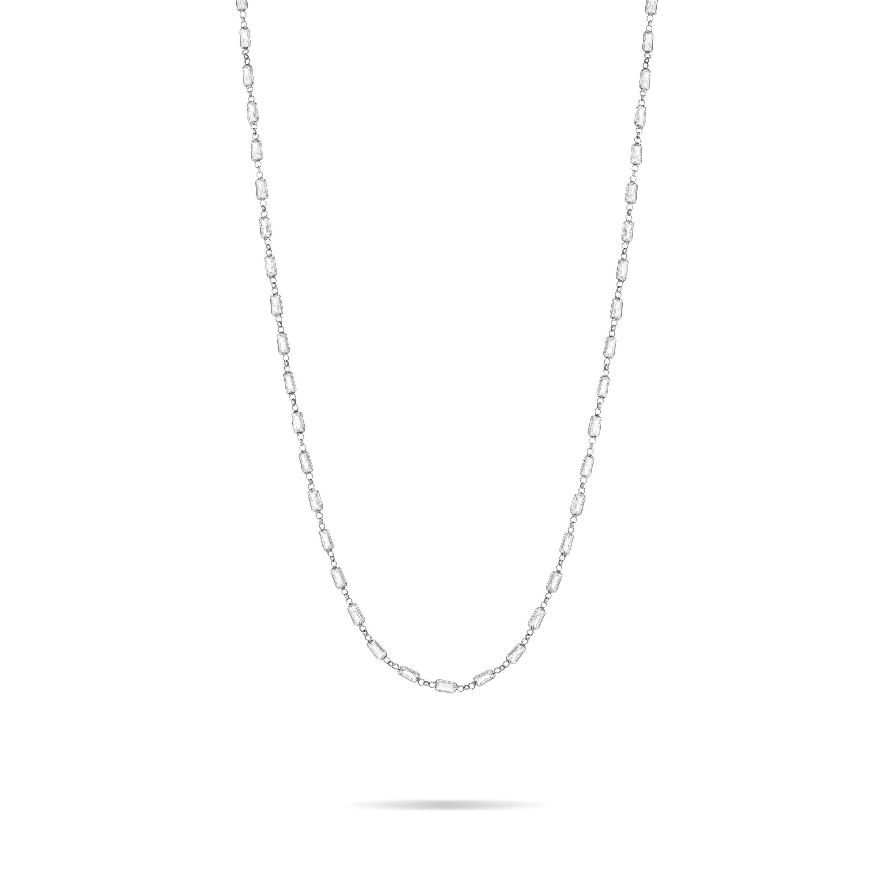 Connected Tiny Baguettes Long Necklace - Silver White - Short