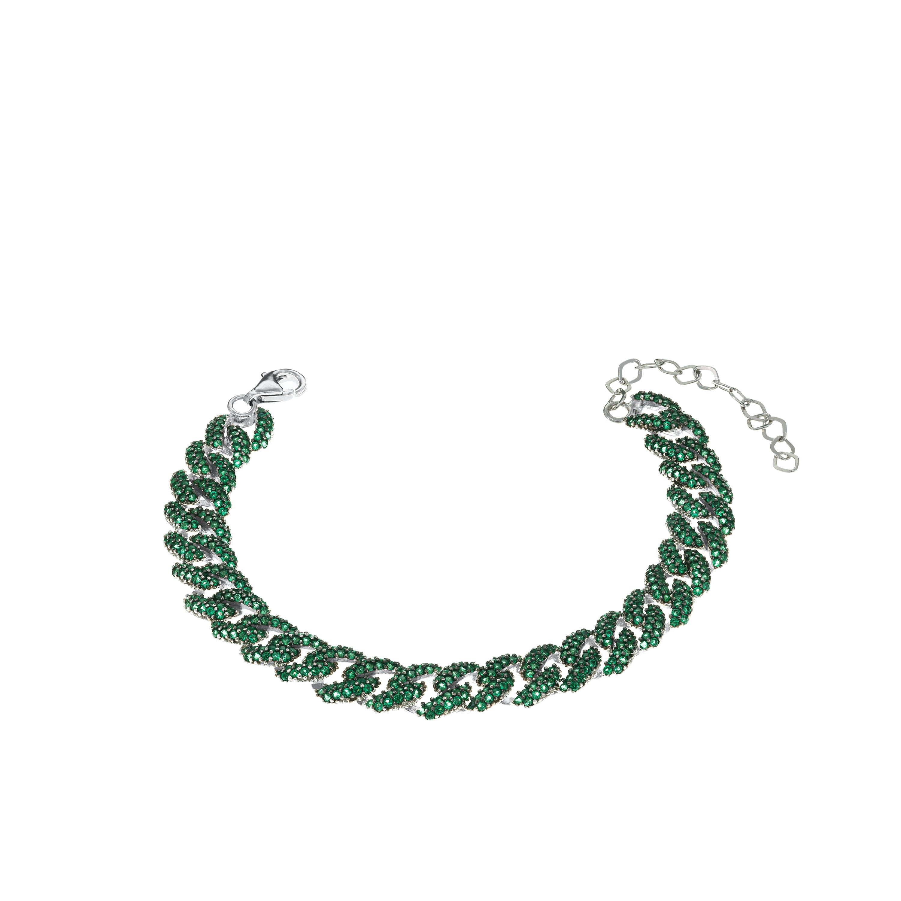 Cubic Zirconia Pave Cuban Chain Bracelet - Silver Green