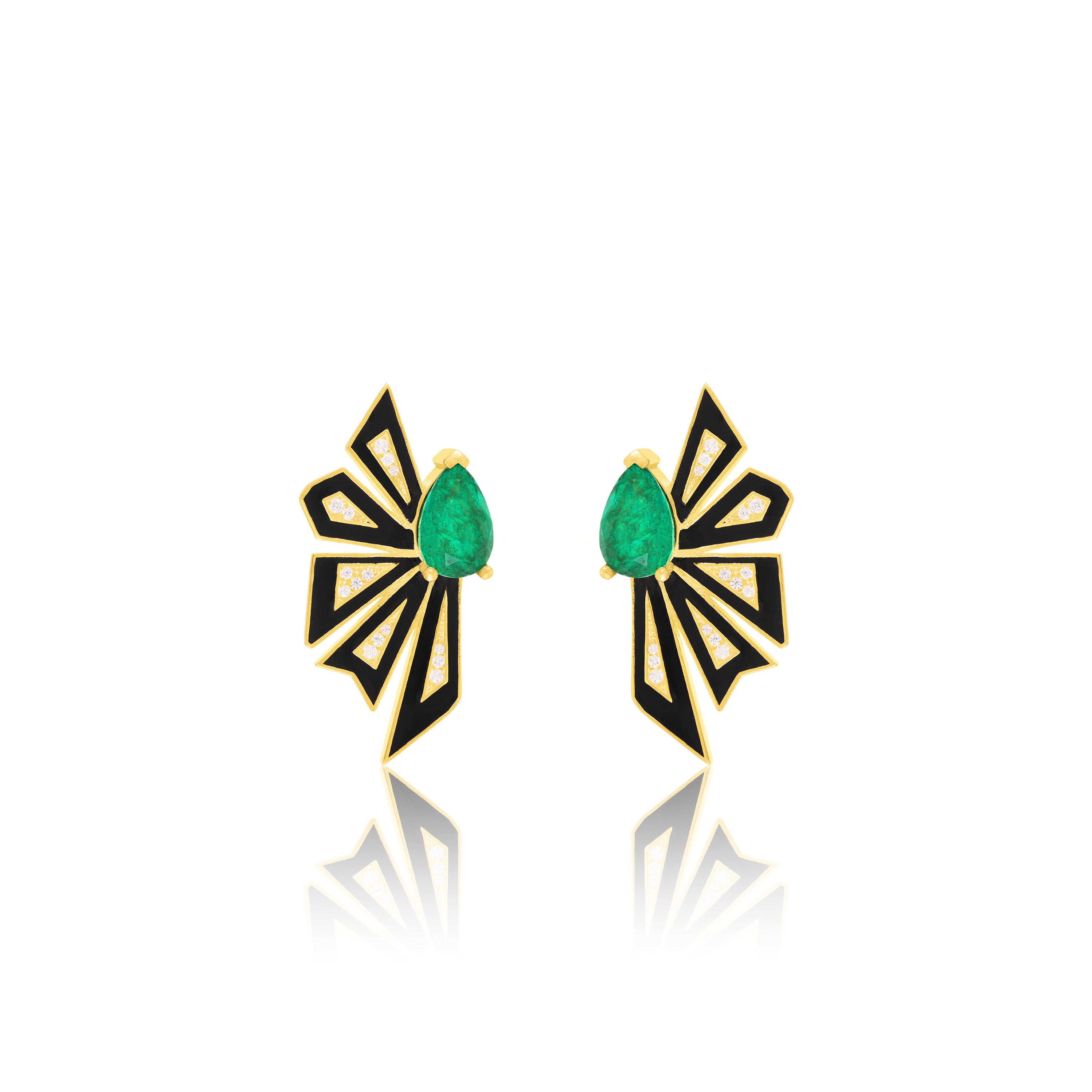 Enamel Half Flower With One Big Teardrop Earrings - Gold Green Matt And White