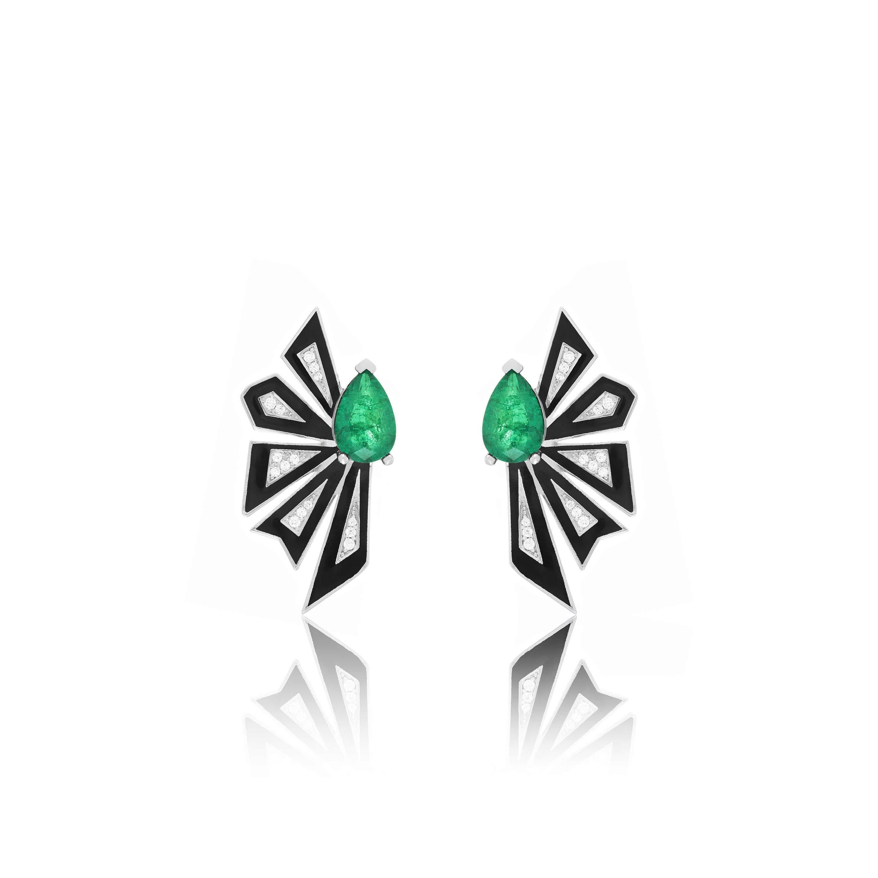 Enamel Half Flower With One Big Teardrop Earrings - Silver Green Matt And White