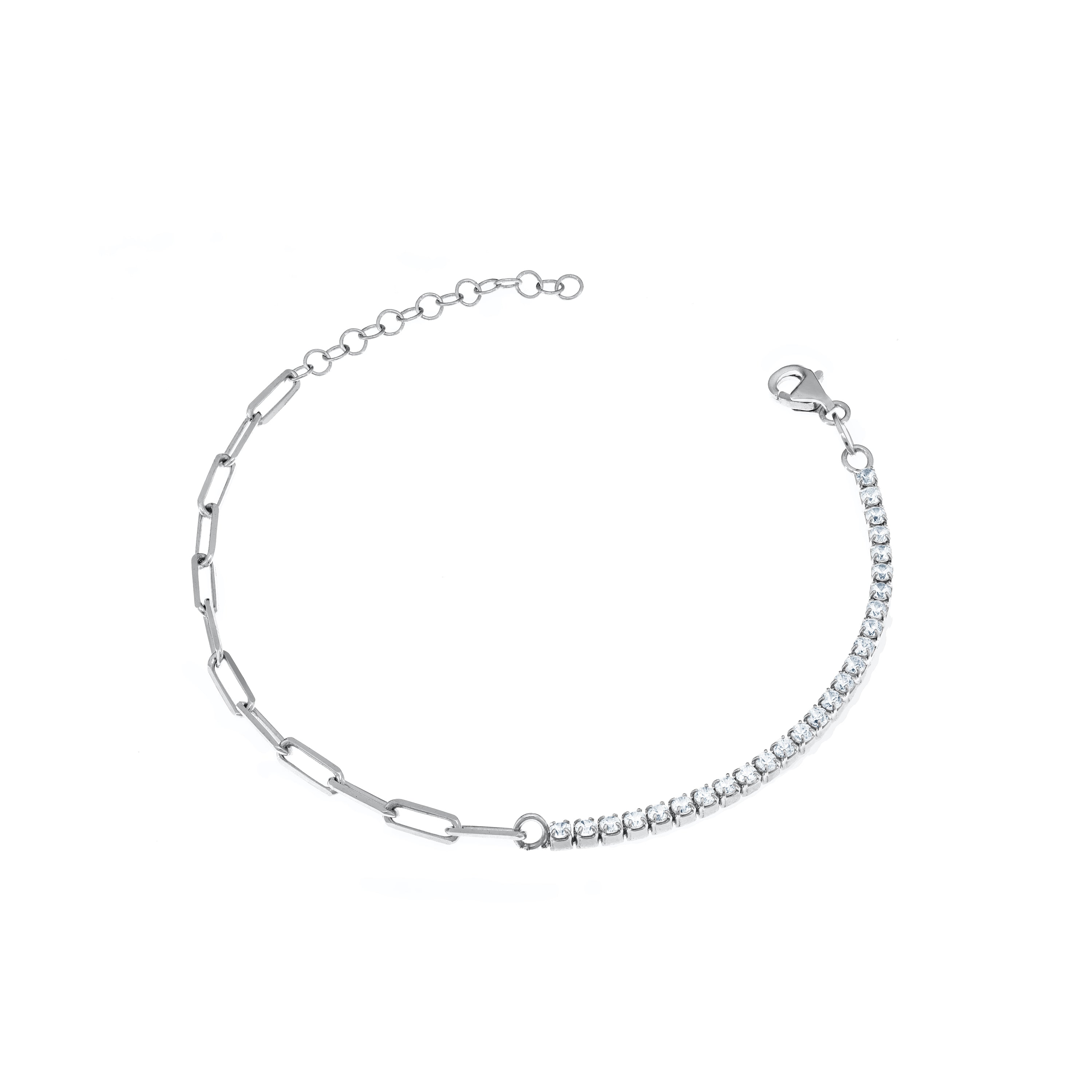 Half Tennis Half Paperclip Chain Bracelet - Silver