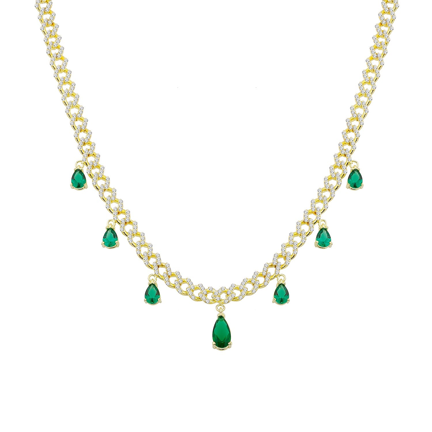 Multiple Emerald Teardrops Pave Curb Chain Choker - Gold Green And White