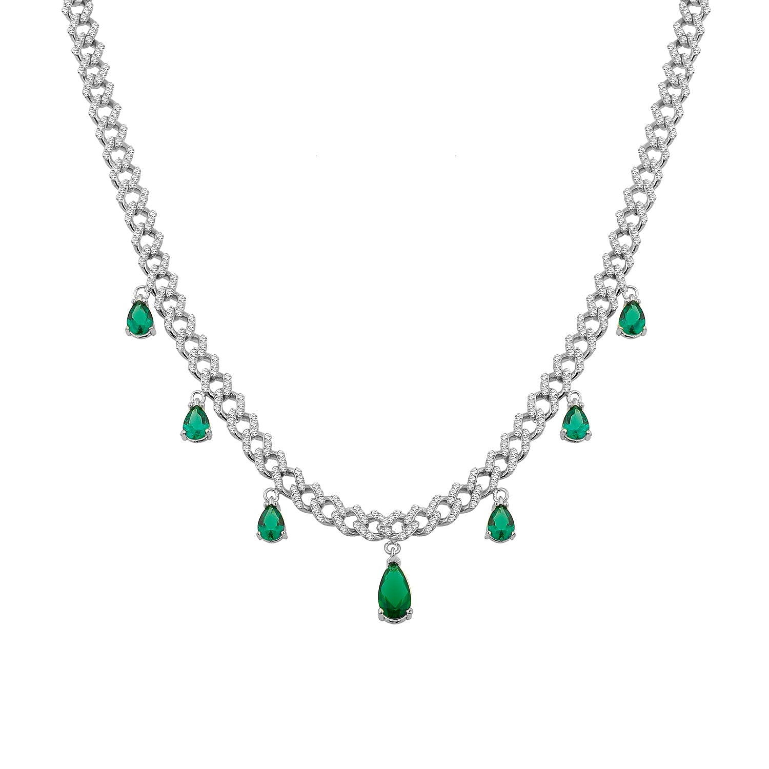 Multiple Emerald Teardrops Pave Curb Chain Choker - Silver Green And White