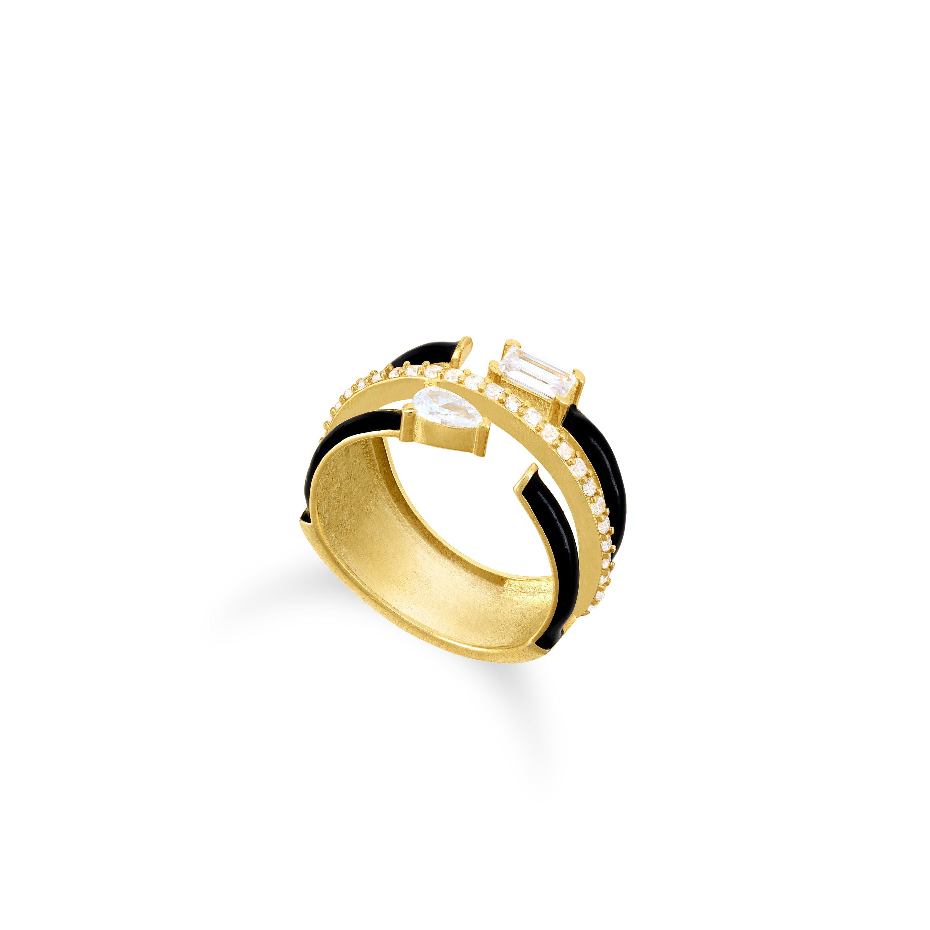 Multishape Triple Row Close Enamel Statement Ring - Gold Black