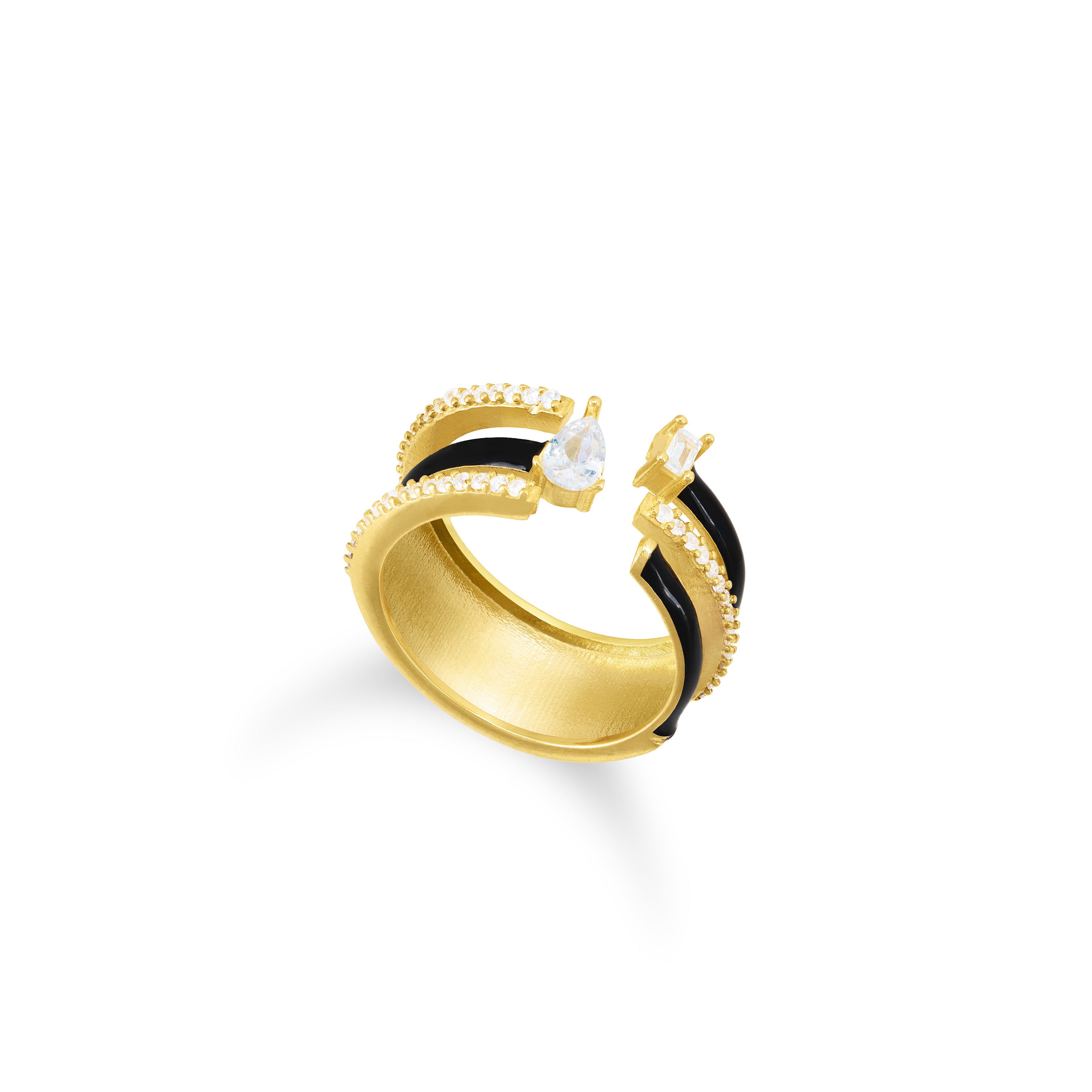 Multishape Triple Row Open Enamel Statement Ring - Gold Black