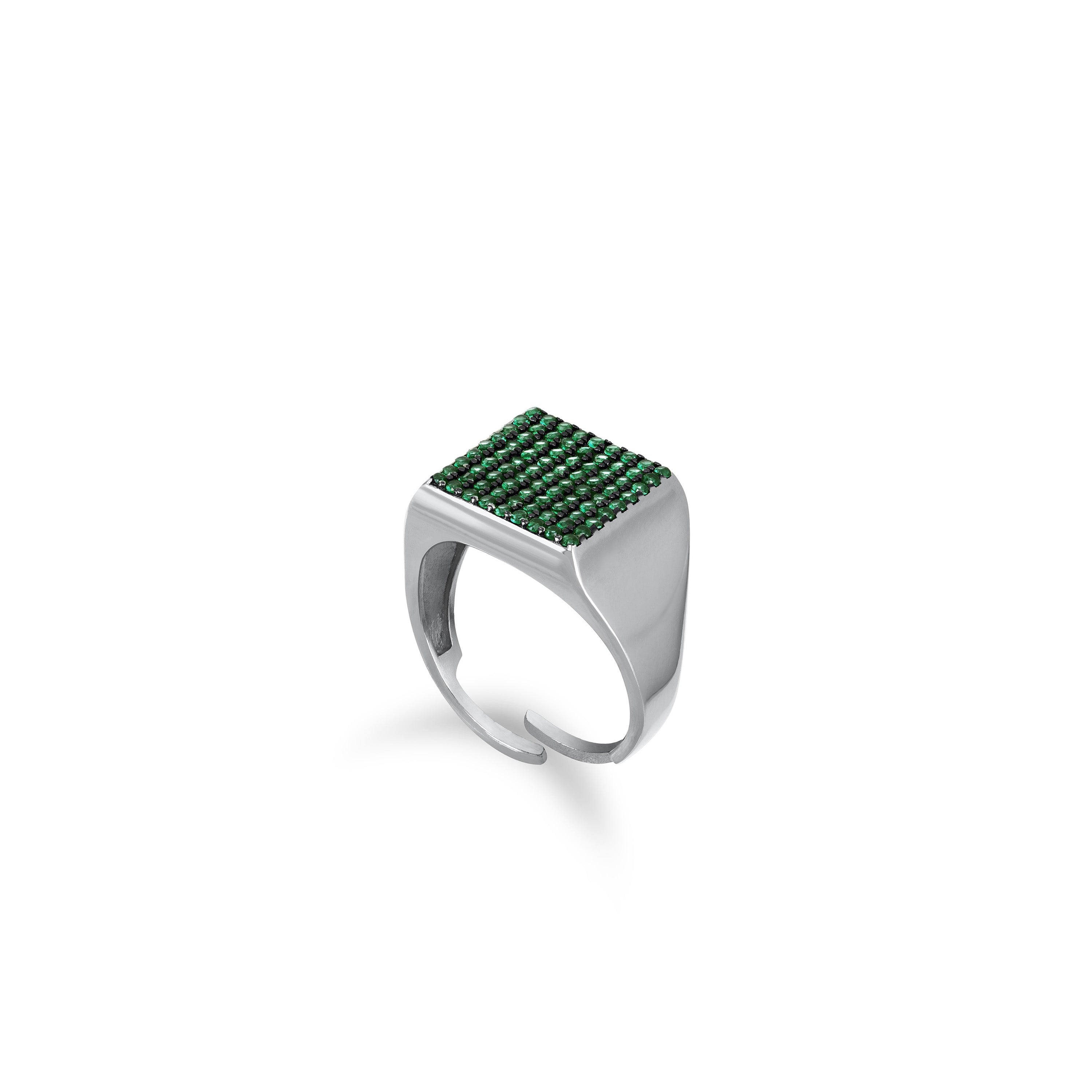 Pave Square Signet Pinky Ring - Silver Green