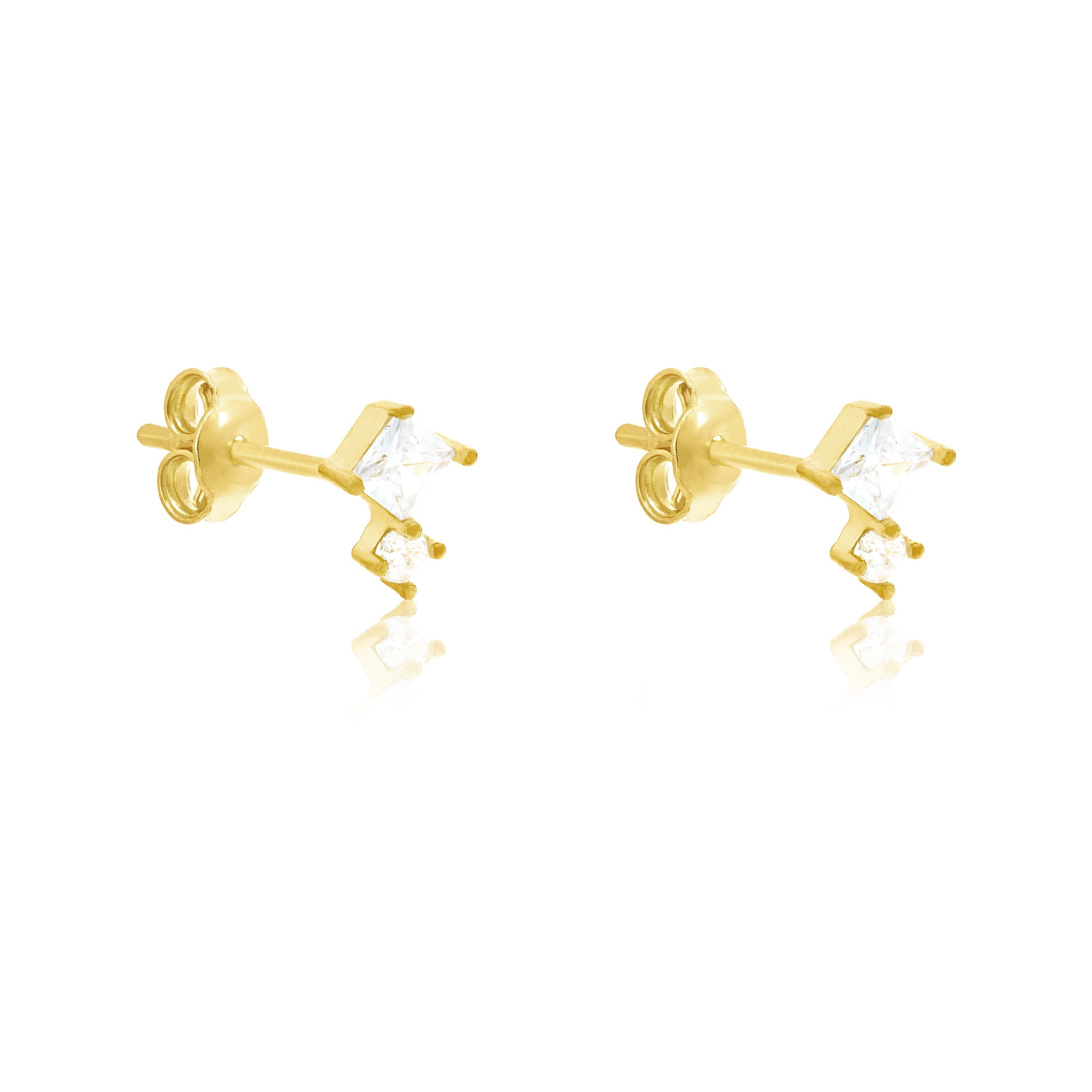 Princess Cut And Solitaire Stud Earrings - Gold White