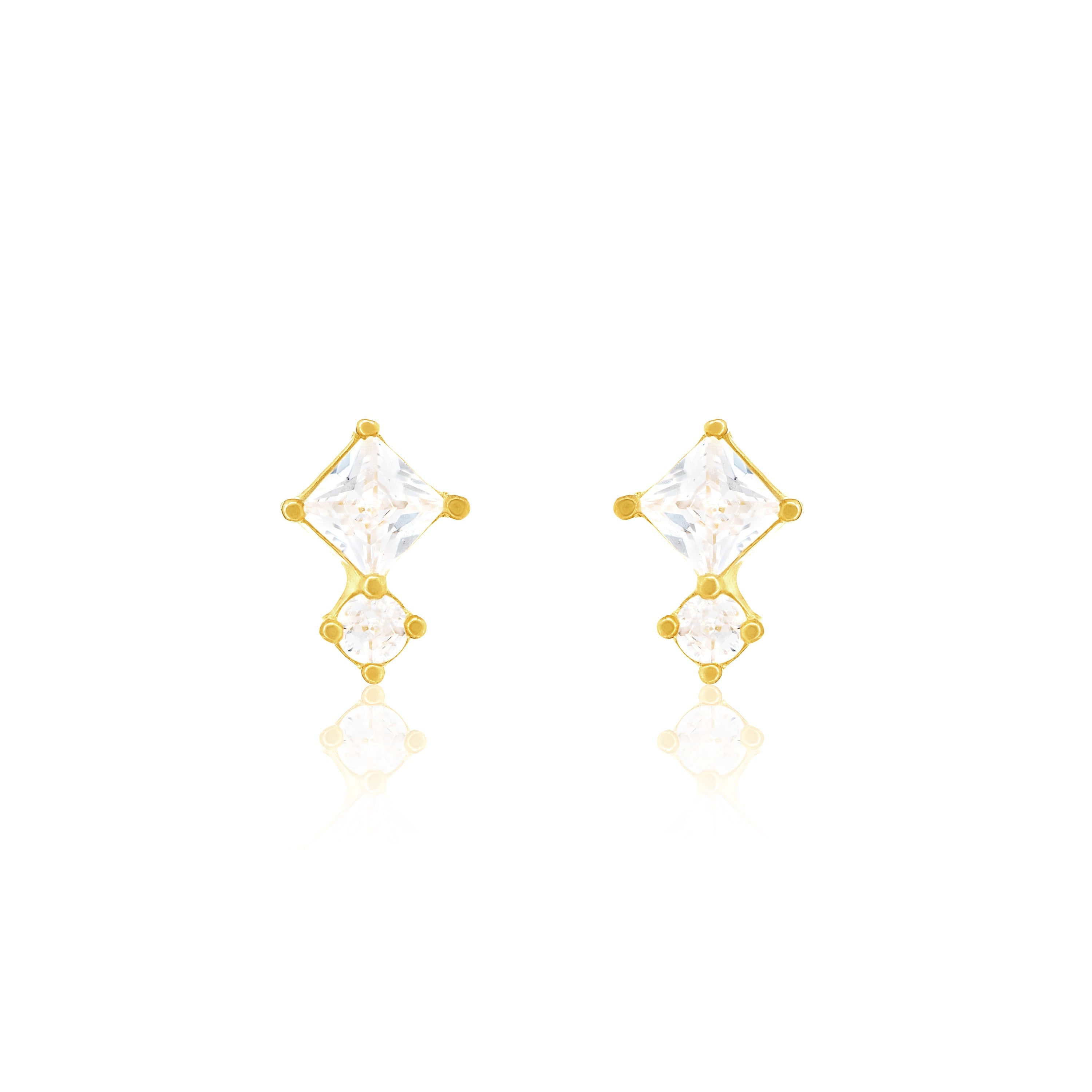 Princess Cut And Solitaire Stud Earrings - Gold White