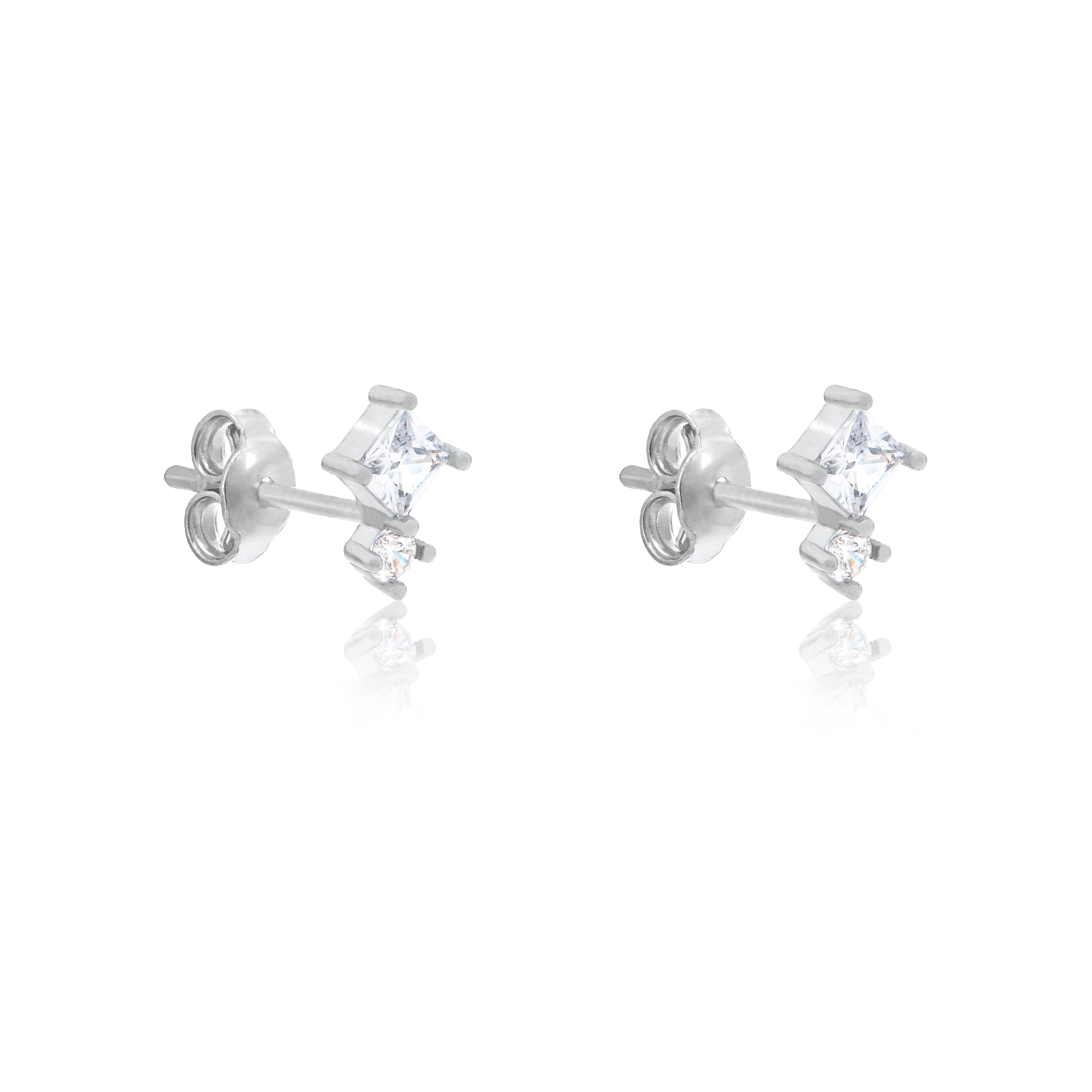 Princess Cut And Solitaire Stud Earrings - Silver White