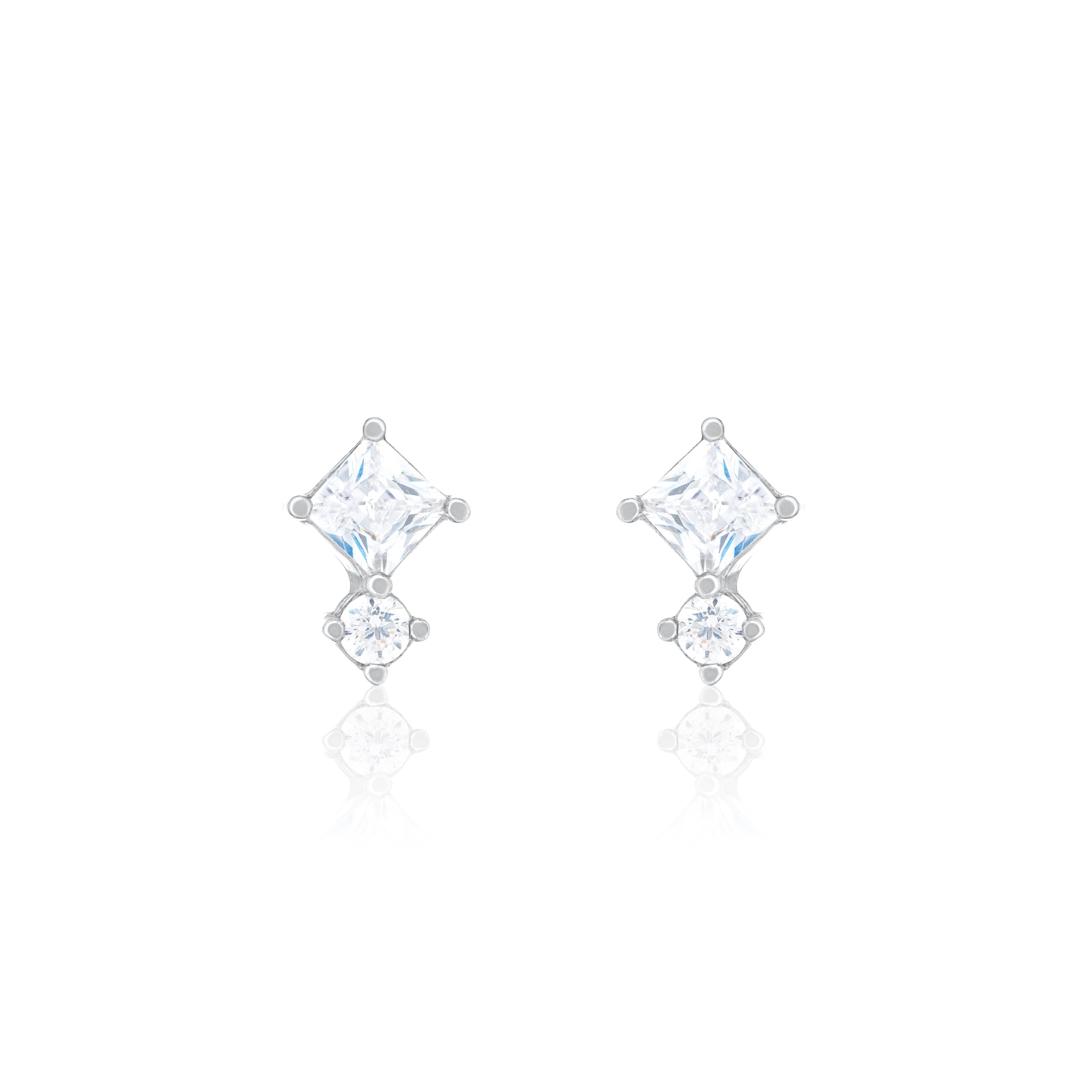 Princess Cut And Solitaire Stud Earrings - Silver White