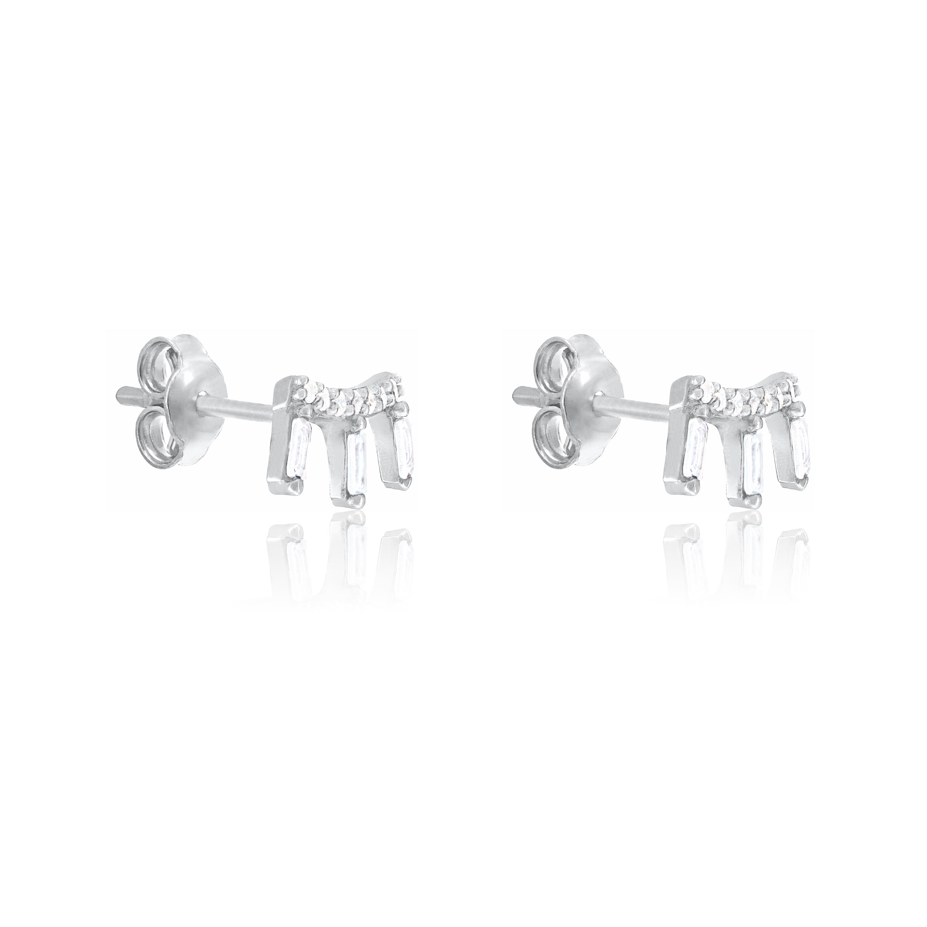 Reverse Baguette Claw Stud Earrings - Silver White