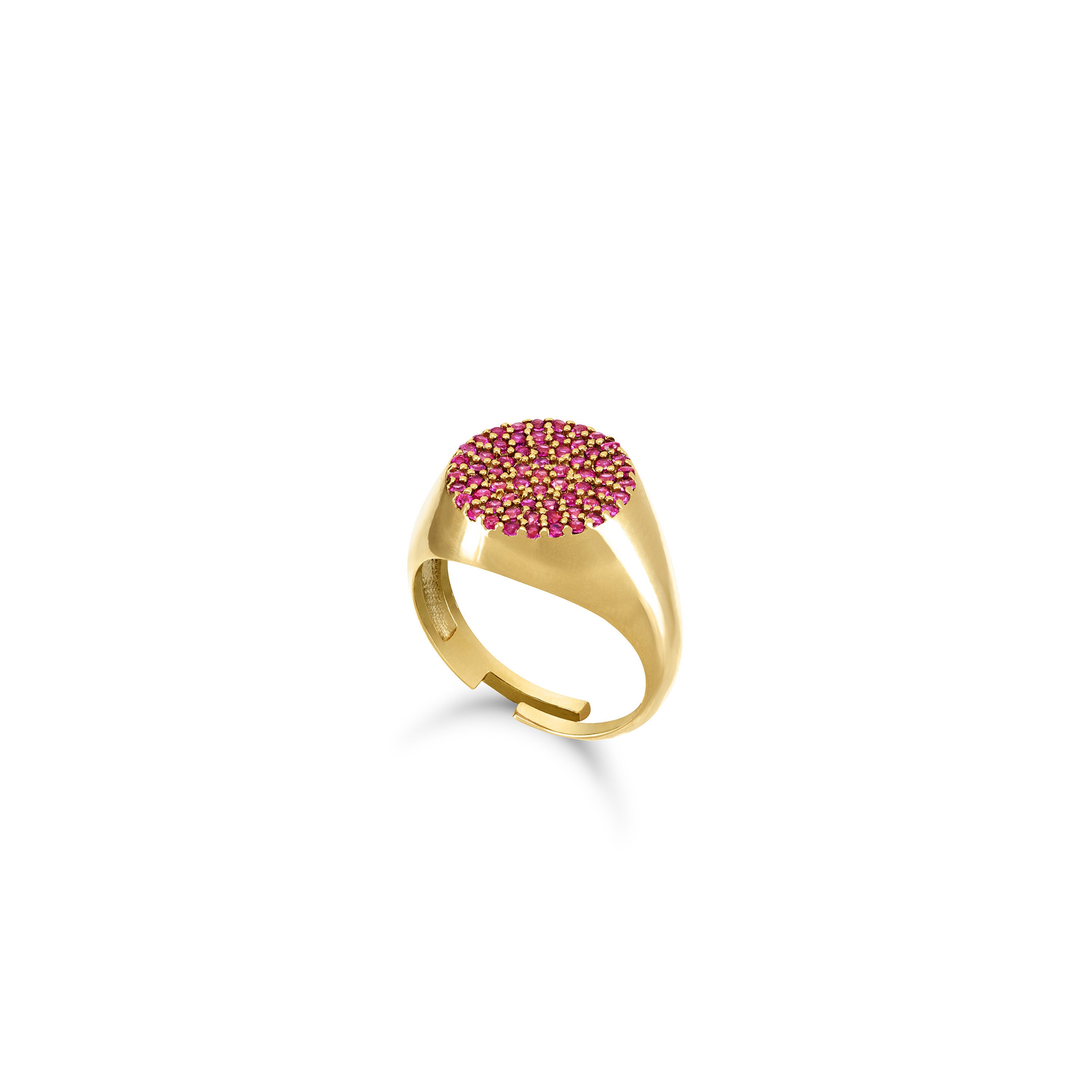 Round Pave Cubic Zirconia Signet Pinky Ring - Gold Fuchsia