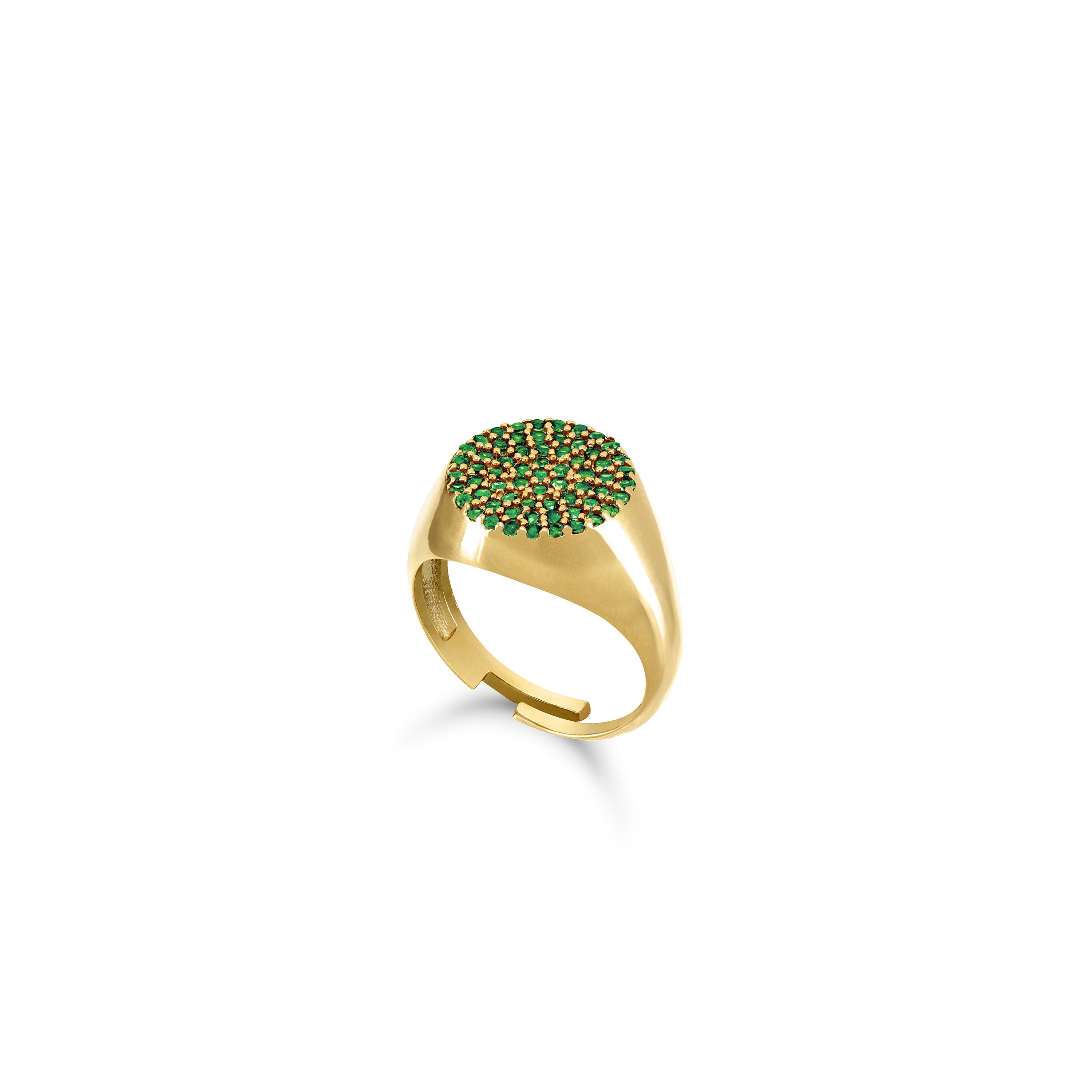 Round Pave Cubic Zirconia Signet Pinky Ring - Gold Green